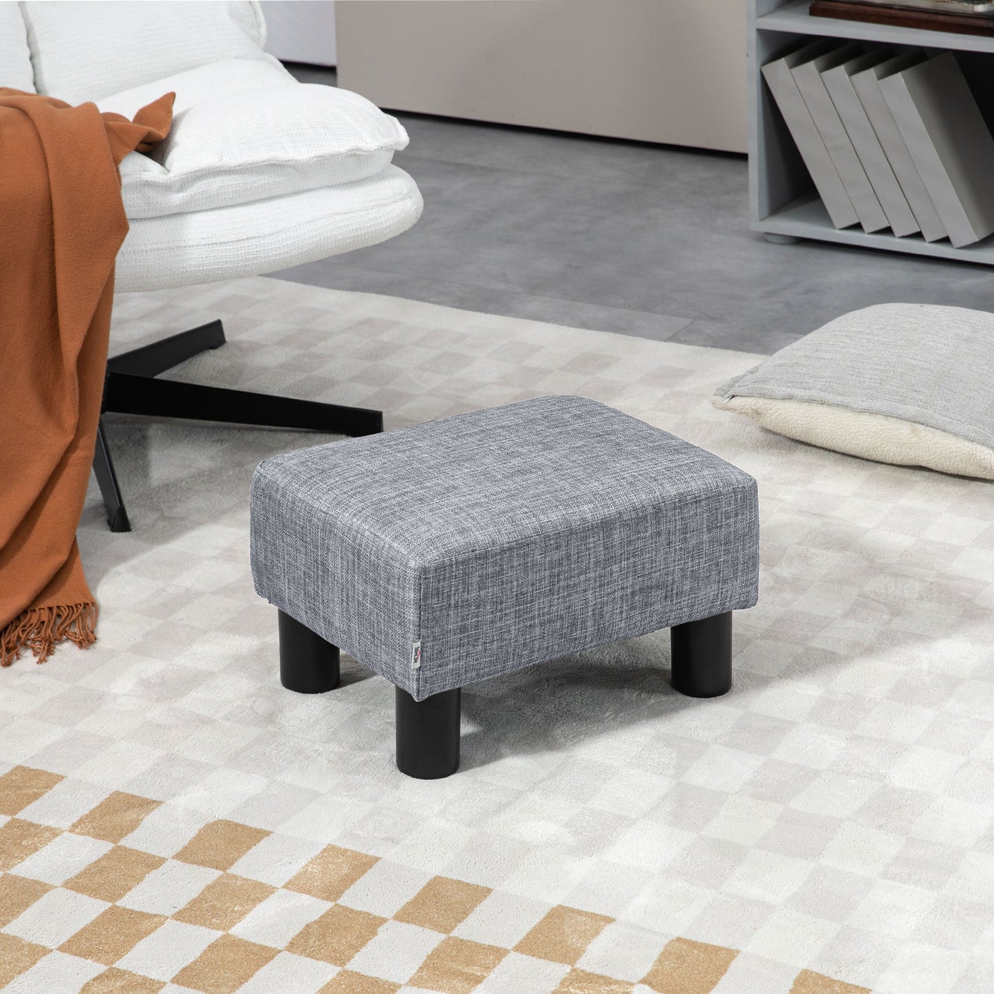HOMCOM Linen Fabric Footstool Ottoman Cube With 4 Plastic Legs Grey Upholstered Footrest For Living Room