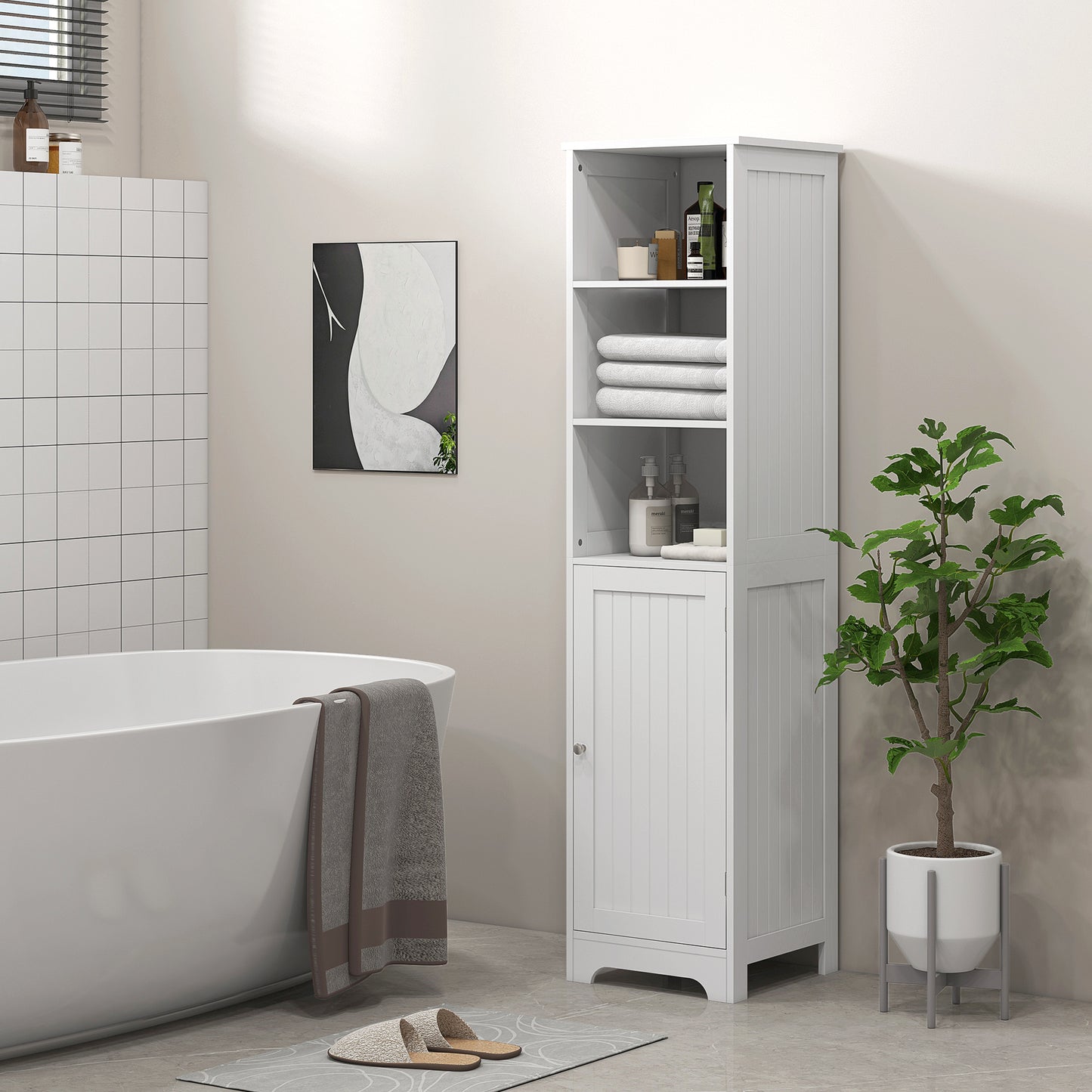 HOMCOM Slim Tall Bathroom Storage Cabinet With 3 Open Shelves And 2 Tier Cabinet With Door White