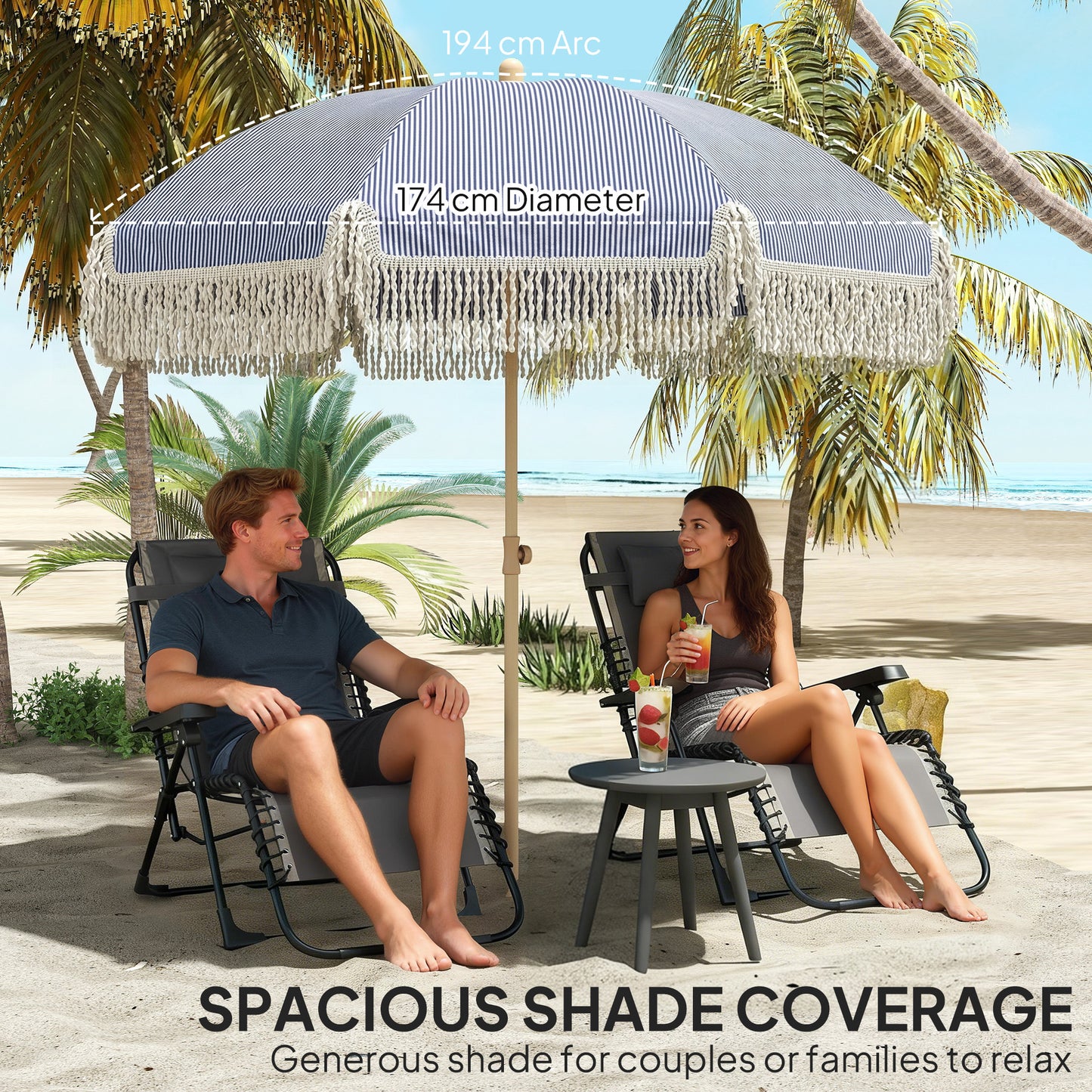 Outsunny 1.7m Beach Umbrella With Sand Anchor And 30 Degree Tilting Adjustable Height Fringed Parasol In Blue