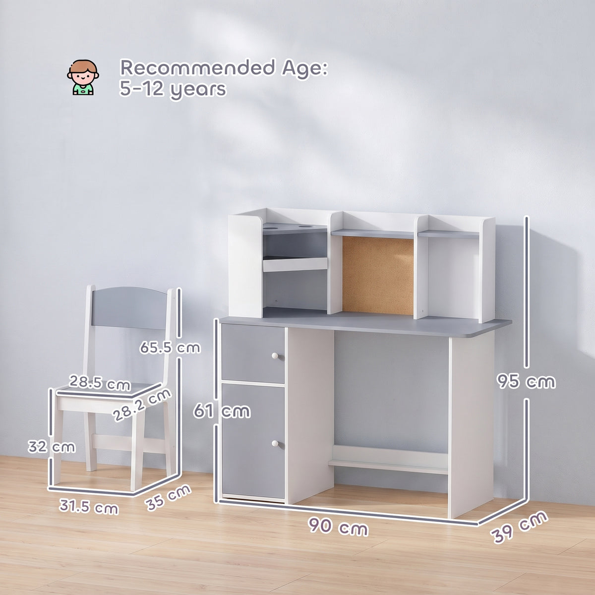 AIYAPLAY Grey Kids Desk and Chair Set With Storage and Adjustable Tablet Stand