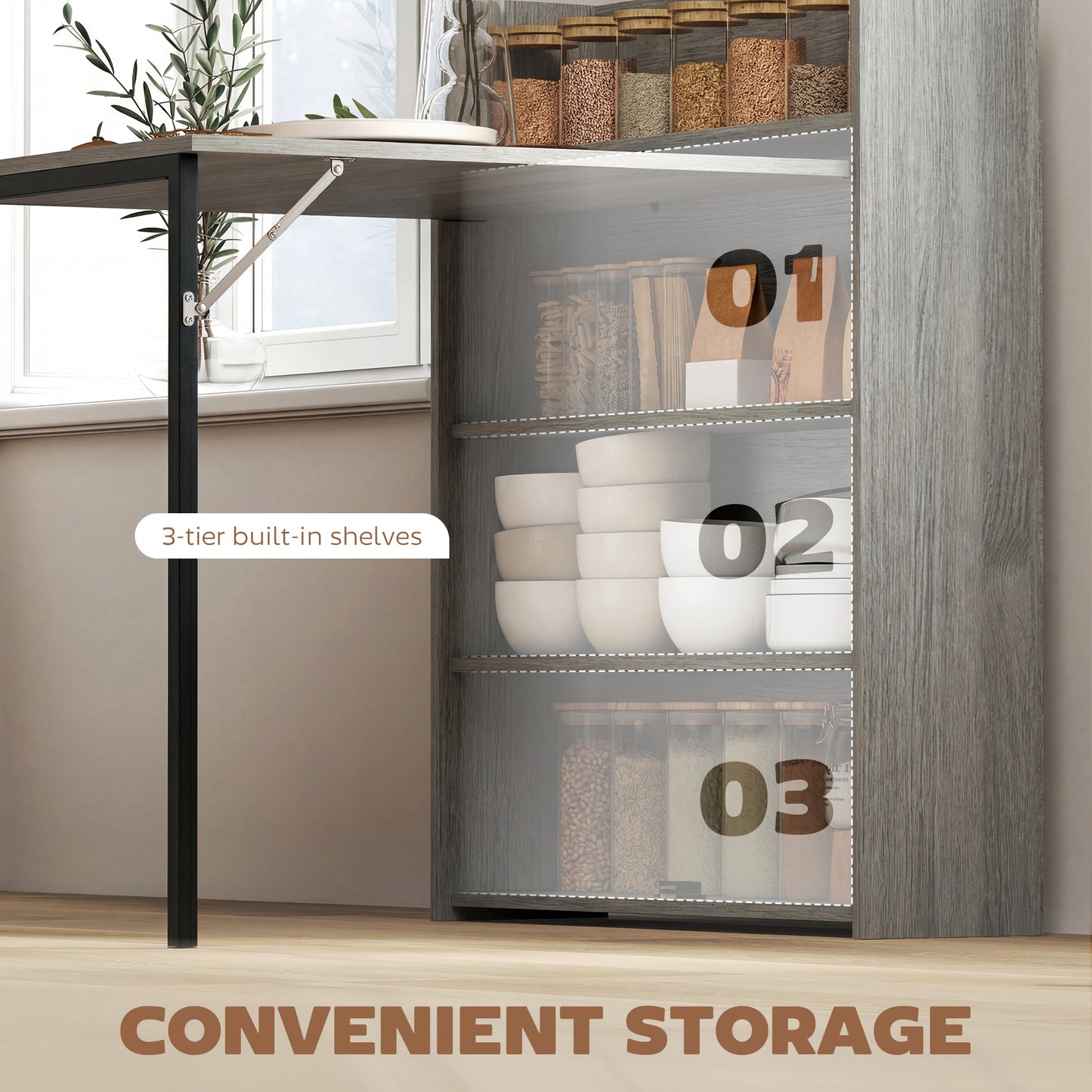 HOMCOM Kitchen Table Folding Dining Table With 4 Tier Shelves Modern Drop Leaf Table Grey Wood Effect
