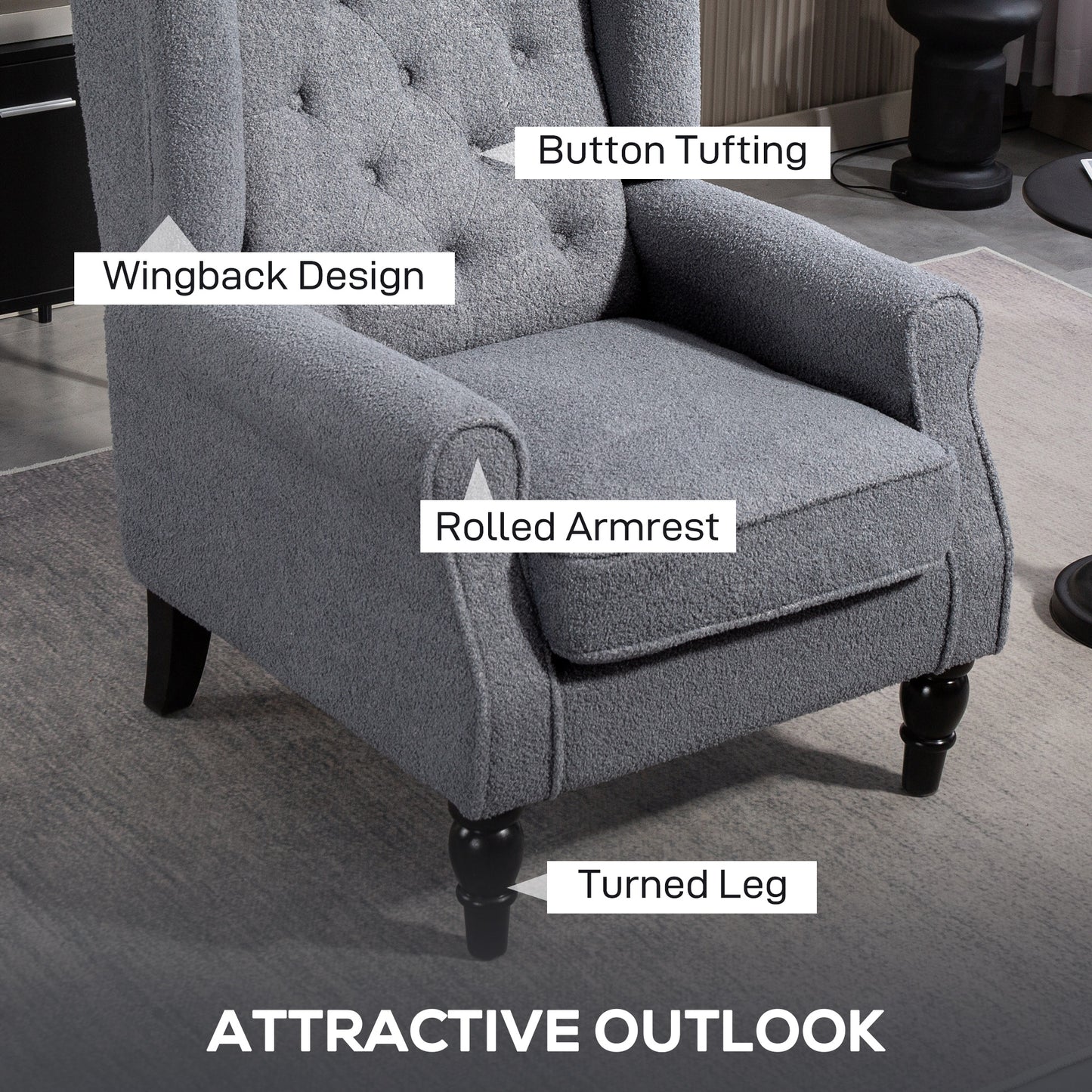HOMCOM Wingback Accent Chair Retro Upholstered Button Tufted Occasional Chair For Living Room And Bedroom Grey