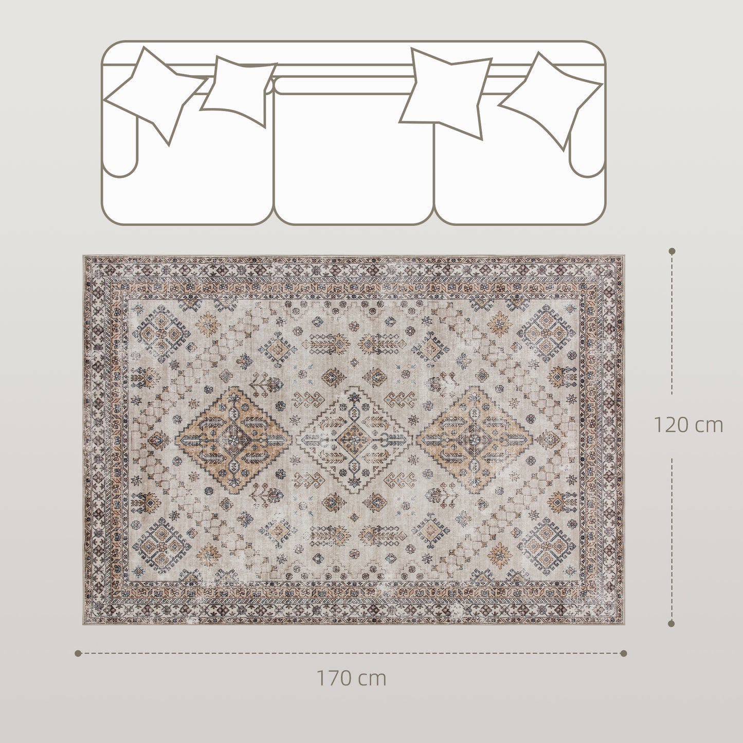 HOMCOM Vintage Area Rug Non Slip Washable Flannel Rug 170 x 120 cm Beige for Living Room Bedroom Dining Room