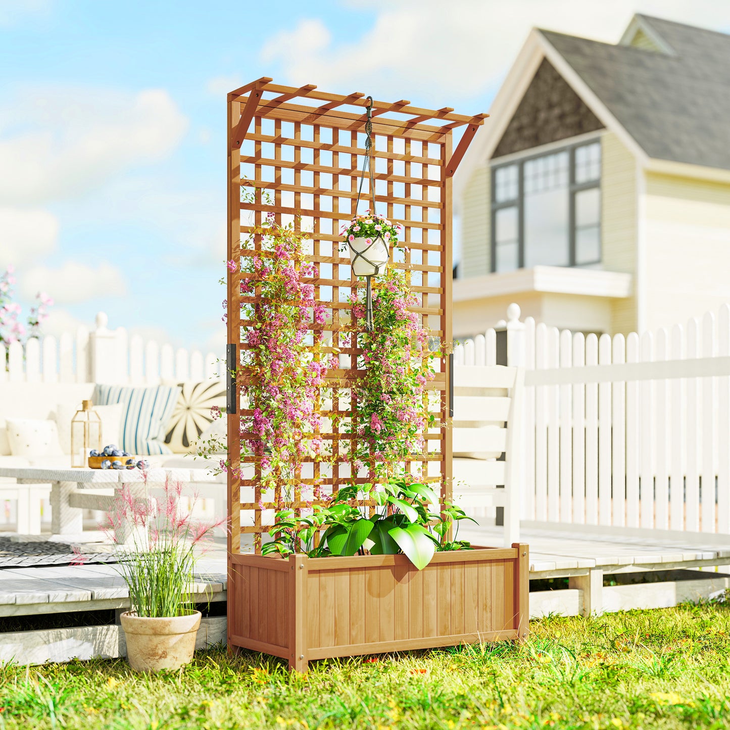 Outsunny Raised Bed Wood Planter With Trellis Drainage Holes For Climbing Plants Grow Vegetables And Flowers Yellow