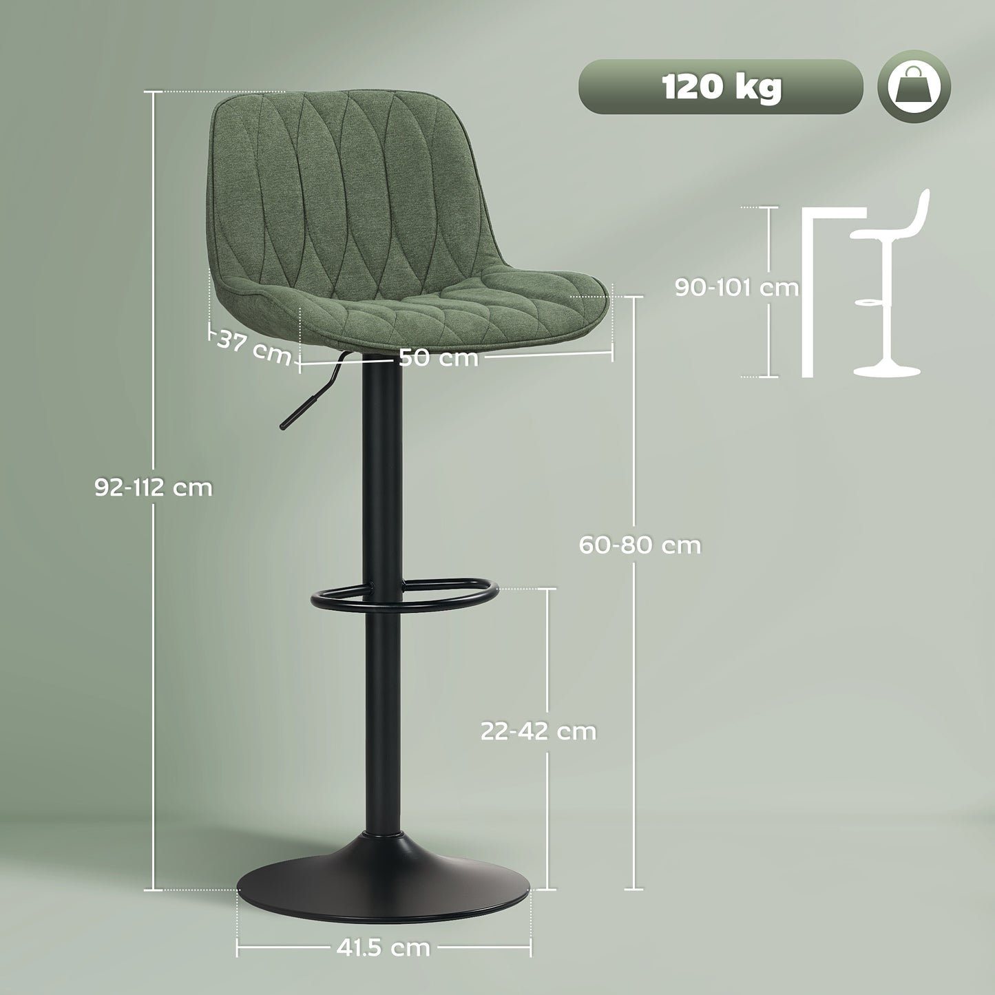 HOMCOM Breakfast Bar Stools Set of 2 Linen Upholstery Adjustable Height 60 to 80 cm Green