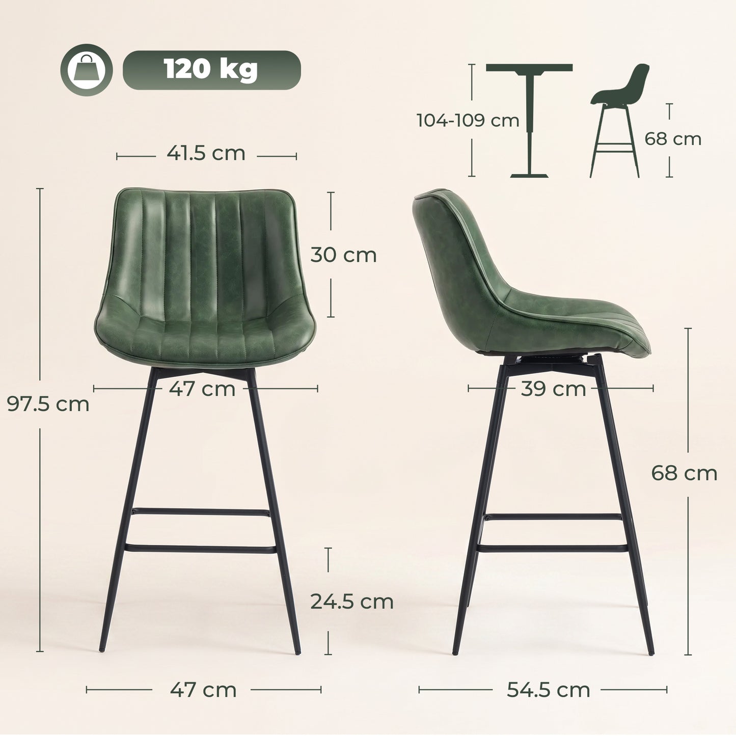 HOMCOM Set Of 2 PU Leather Swivel Bar Stools Dark Green For Kitchen Island With 360 Degree Swivel