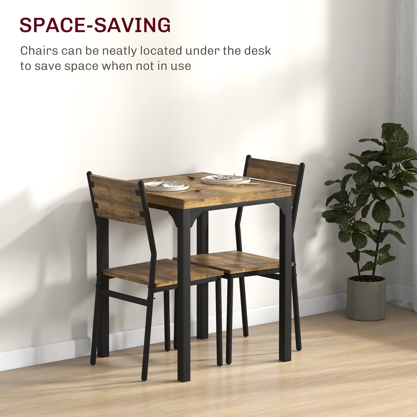 HOMCOM Three Piece Minimal And Compact Dining Set Rustic Brown For Kitchen Dining Rooms