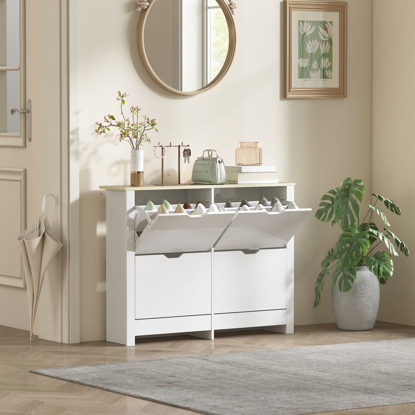 Homcom Slim White Shoe Cabinet Narrow Cupboard With 4 Flip Drawers And Adjustable Shelves For 16 Pairs Of Shoes