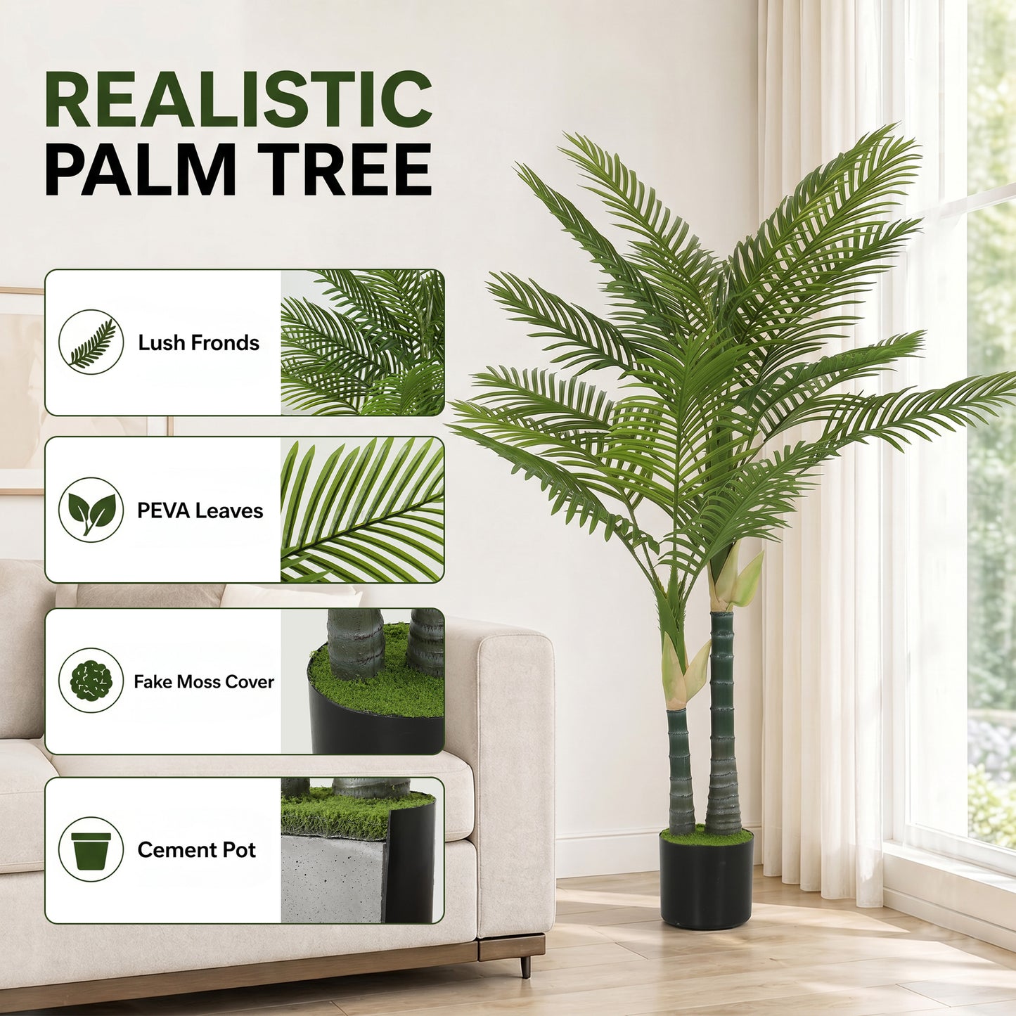 HOMCOM 150cm Artificial Palm Tree With 16 PEVA Leaves, Potted Faux Plant With Moss Base For Living Room Decor Green