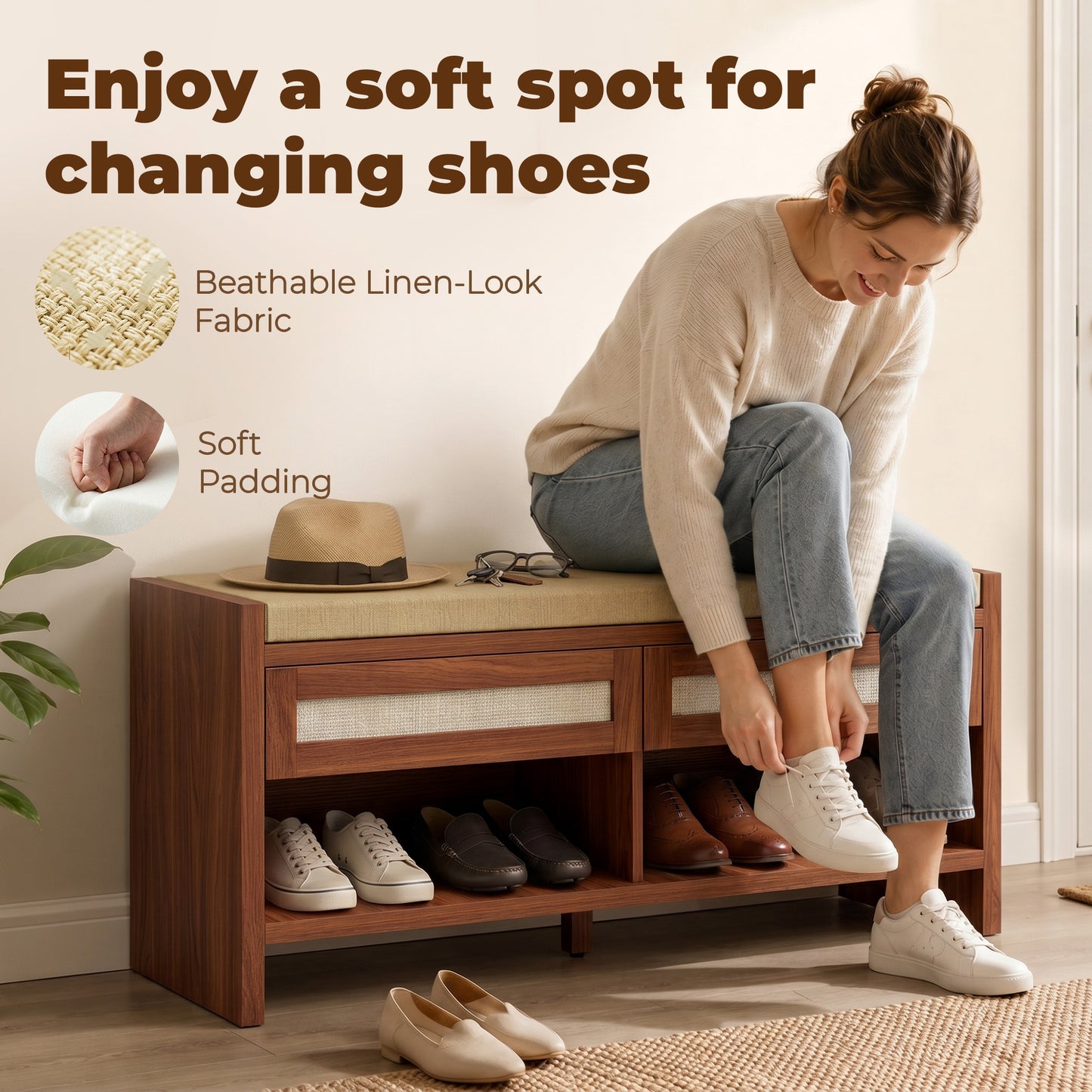 HOMCOM Boho Shoe Storage Bench With Cushioned Seat Open Shelf And Two Rattan Drawers Brown