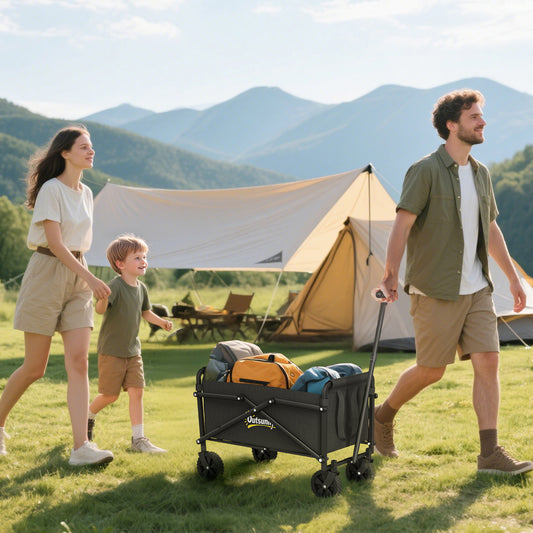 Outsunny 41L Trolley On Wheels Folding Wagon With 60kg Capacity Adjustable Handle Carrying Bag Beach Camping Black