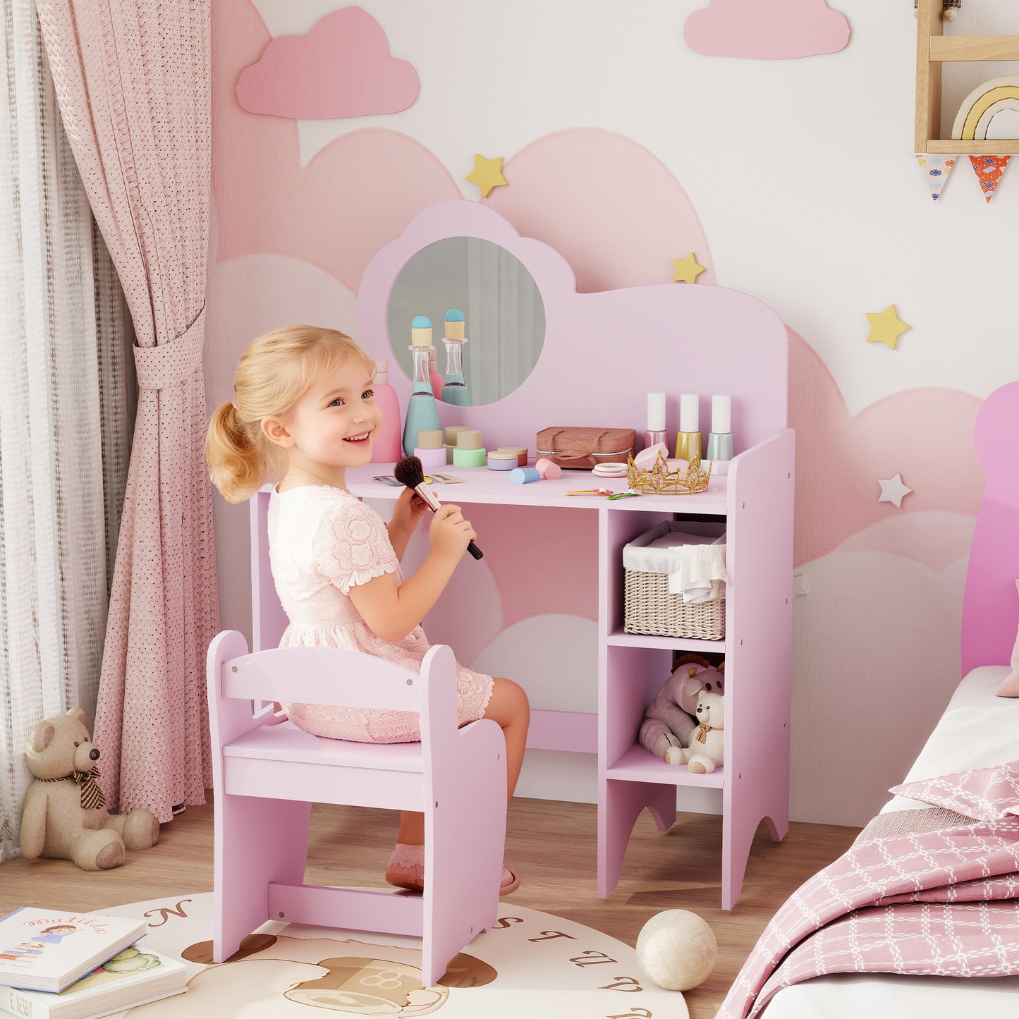 AIYAPLAY Kids Dressing Table With Mirror And Stool Vanity Table With Shelves For Ages 3 To 8 Purple