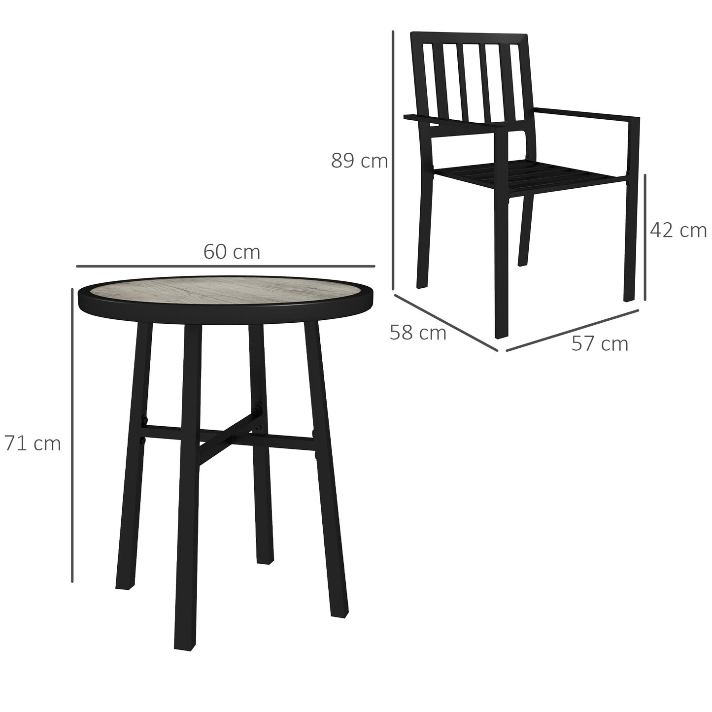 Outsunny 3 Piece Patio Bistro Set With Round Table And Stackable Chairs Galvanised Steel Frame Grey