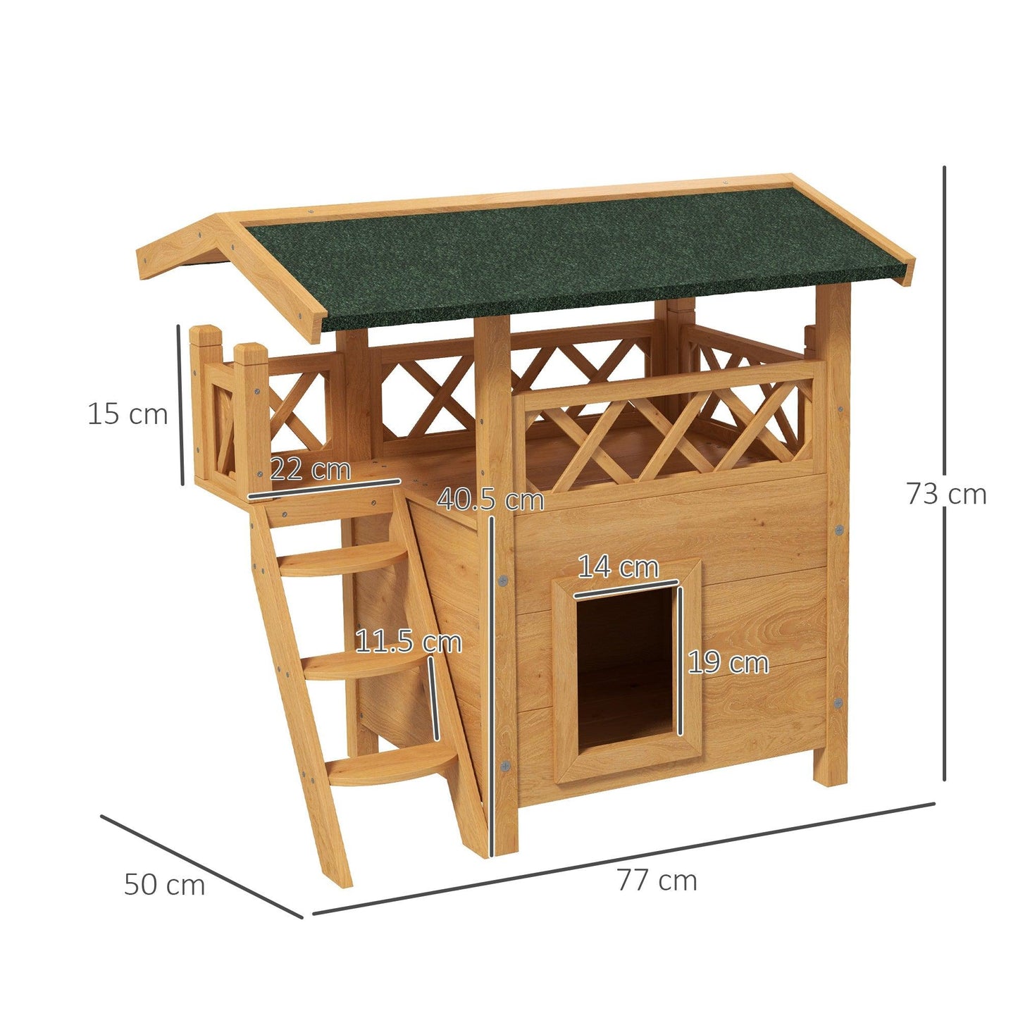 PawHut Outdoor Cat House w/ Balcony Stairs Roof, Natural Wood Finish - ALL4U RETAILER LTD