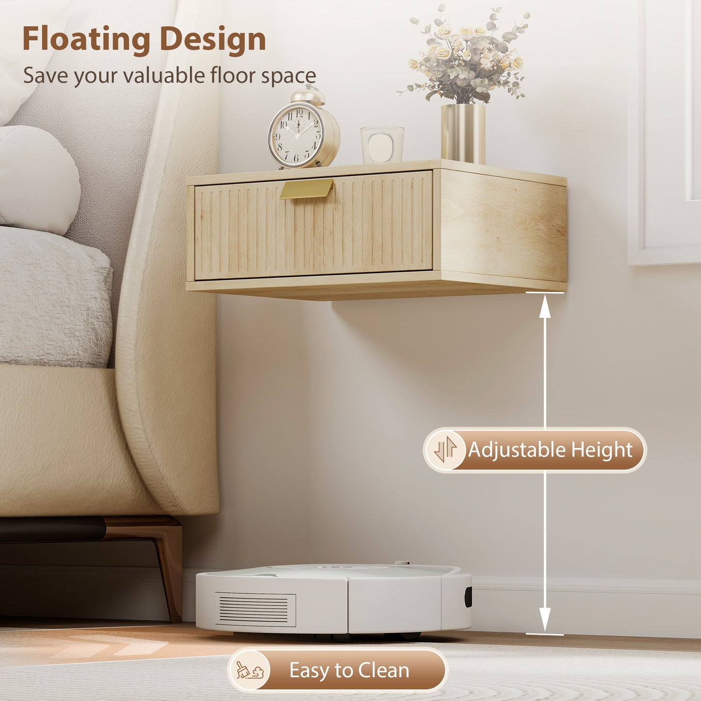 HOMCOM Modern Floating Nightstands Set of 2 Wall Mounted Bedside Tables with Wave Drawer Oak Finish