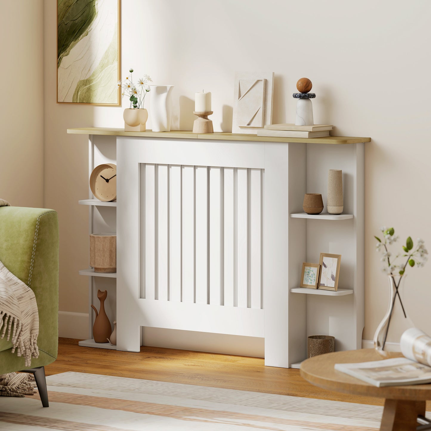 HOMCOM Radiator Cover With Open Storage Shelves Vertical Slatted Cabinet Heater Cover Medium White Living Room Hallway