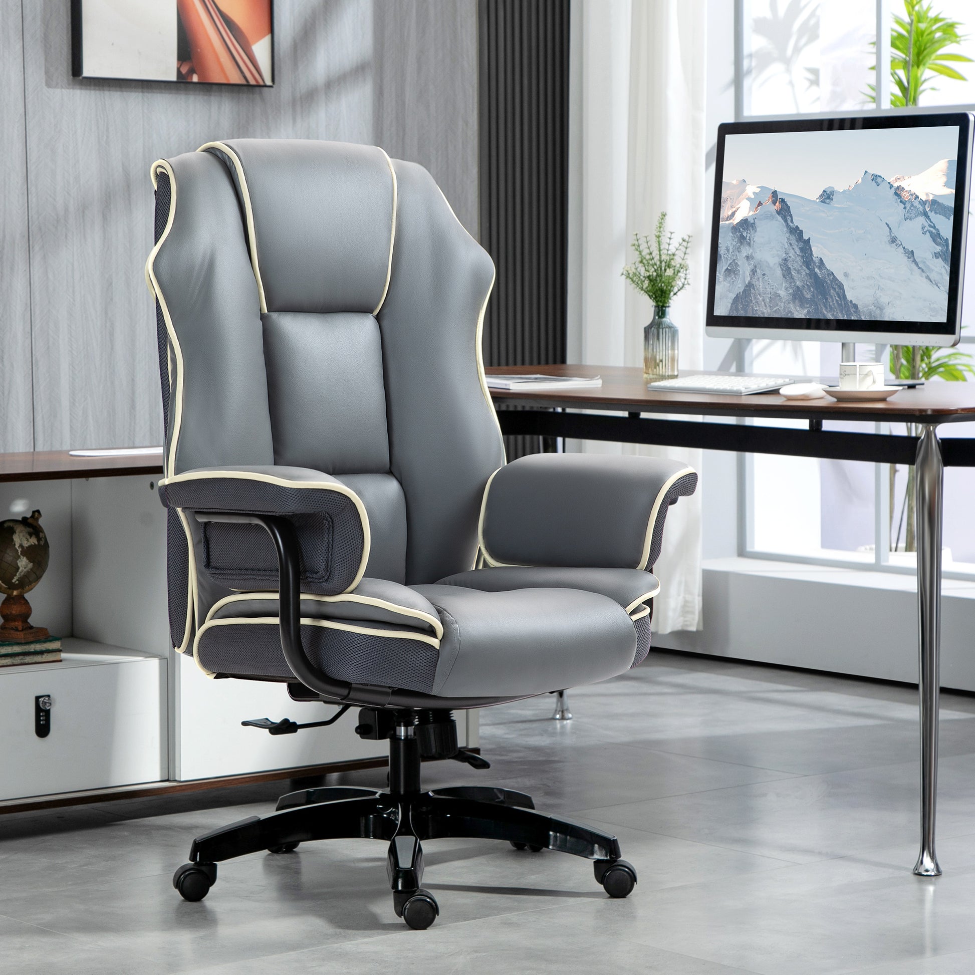 Vinsetto Grey PU Leather High Back Reclining Desk Chair with Swivel Wheels for Home Office - ALL4U RETAILER LTD