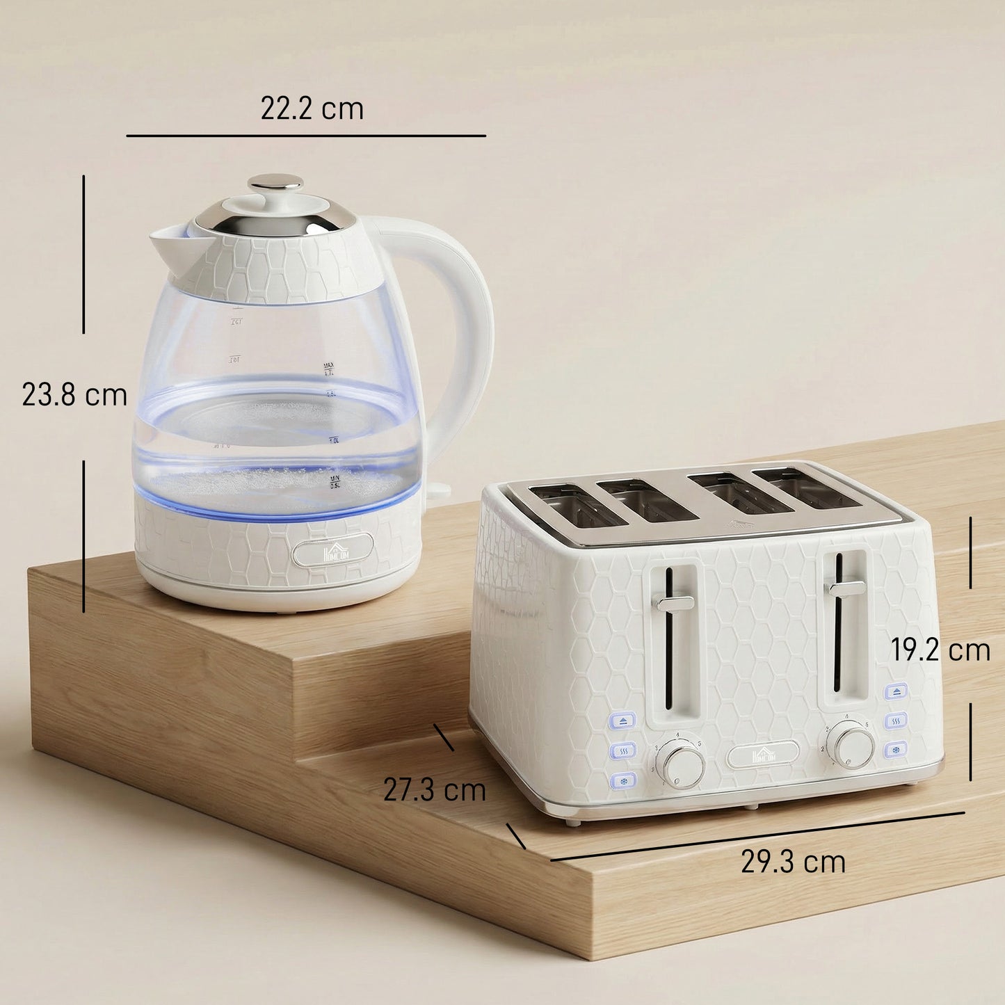 HOMCOM Kettle and Toaster Set 3000W Rapid Kettle With Strix Thermostat 4 Slice Toaster 7 Browning Controls Cream