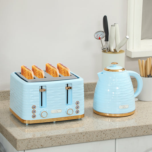 HOMCOM 3000W Kettle and 4 Slice Toaster Set with 7 Browning Levels Crumb Tray Light Blue