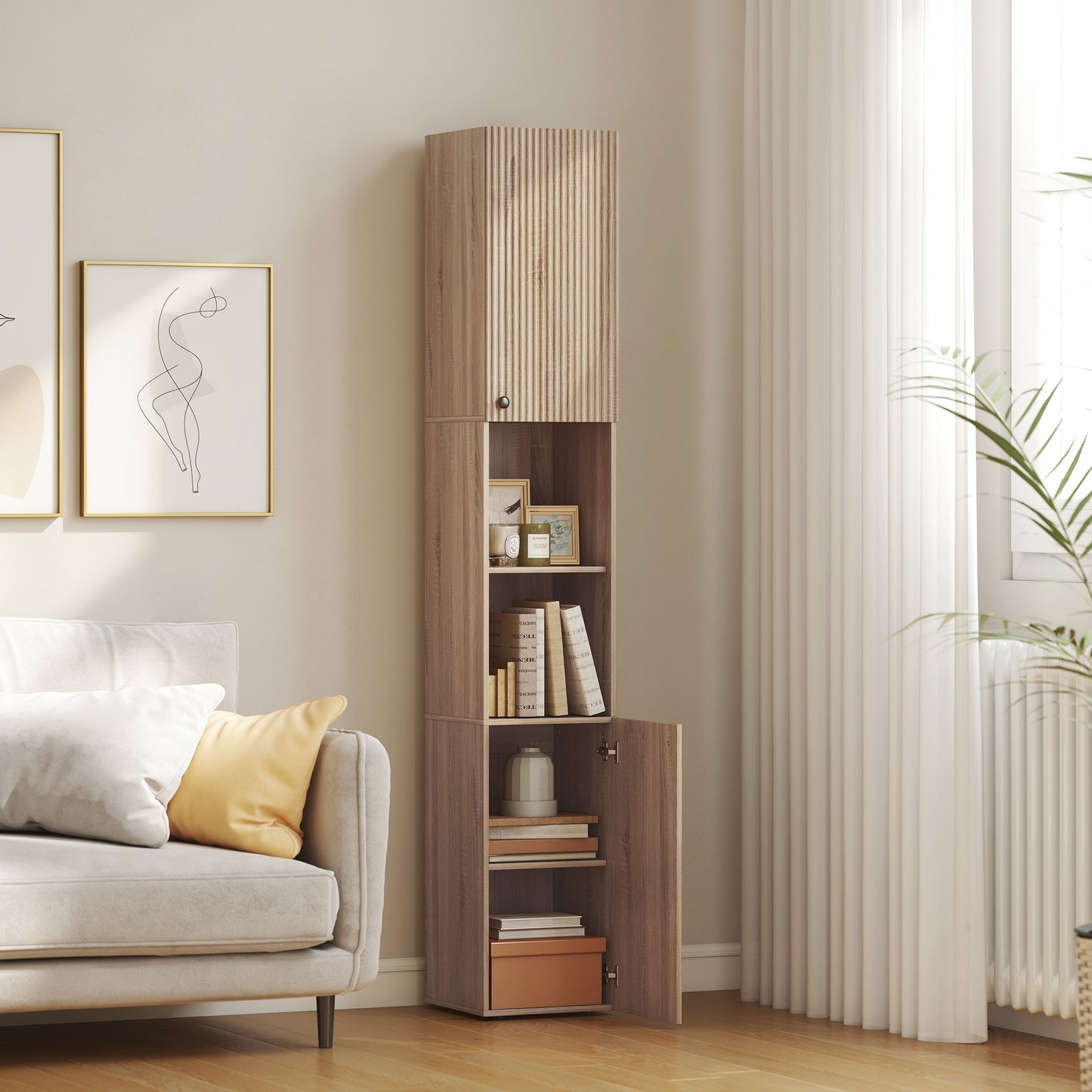 HOMCOM 6 Tier Tall Bathroom Cabinet Slim Space Saving Narrow Storage with Adjustable Shelves Natural Finish