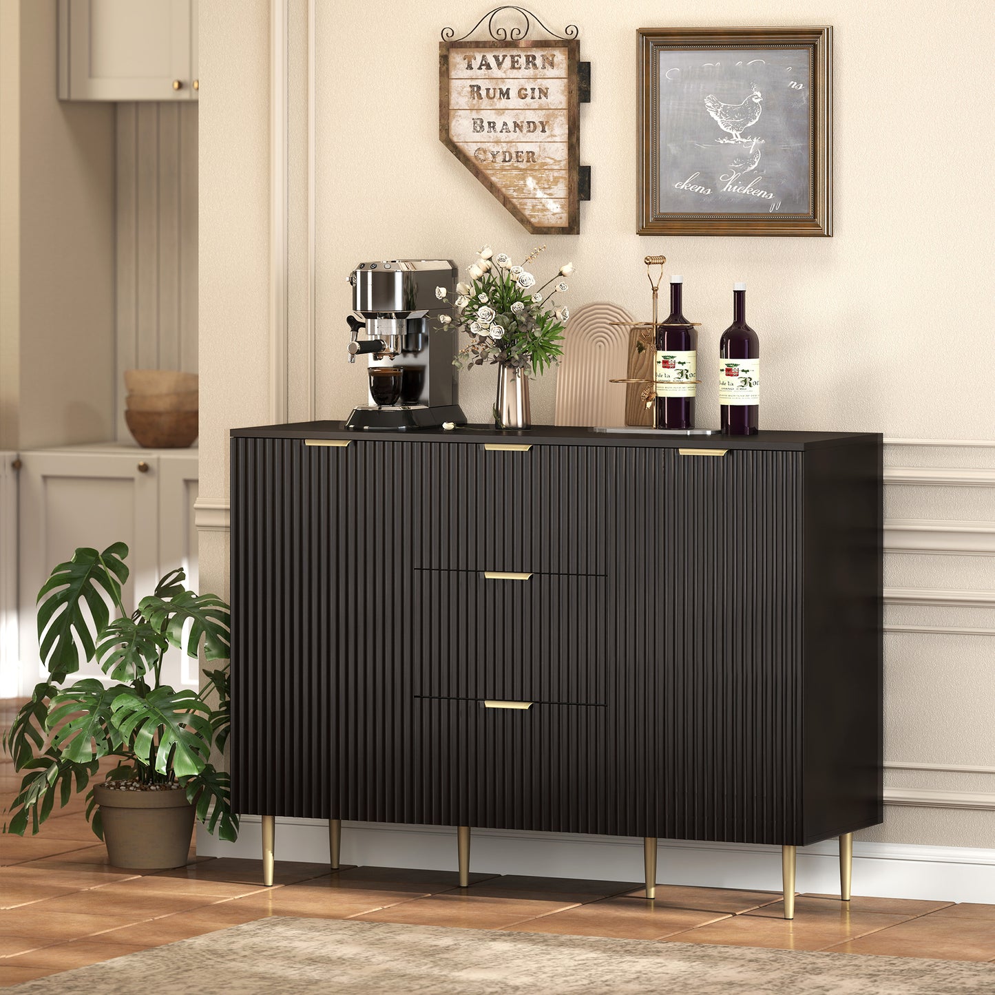 HOMCOM 2 Door Sideboard With 3 Drawers And Adjustable Shelves Black Storage Cabinet