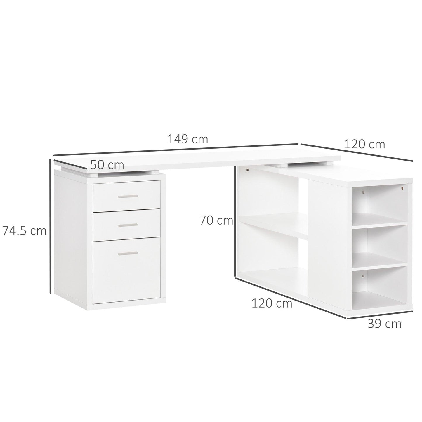 HOMCOM White L-Shaped Computer Desk with Storage Shelves and Drawers - ALL4U RETAILER LTD