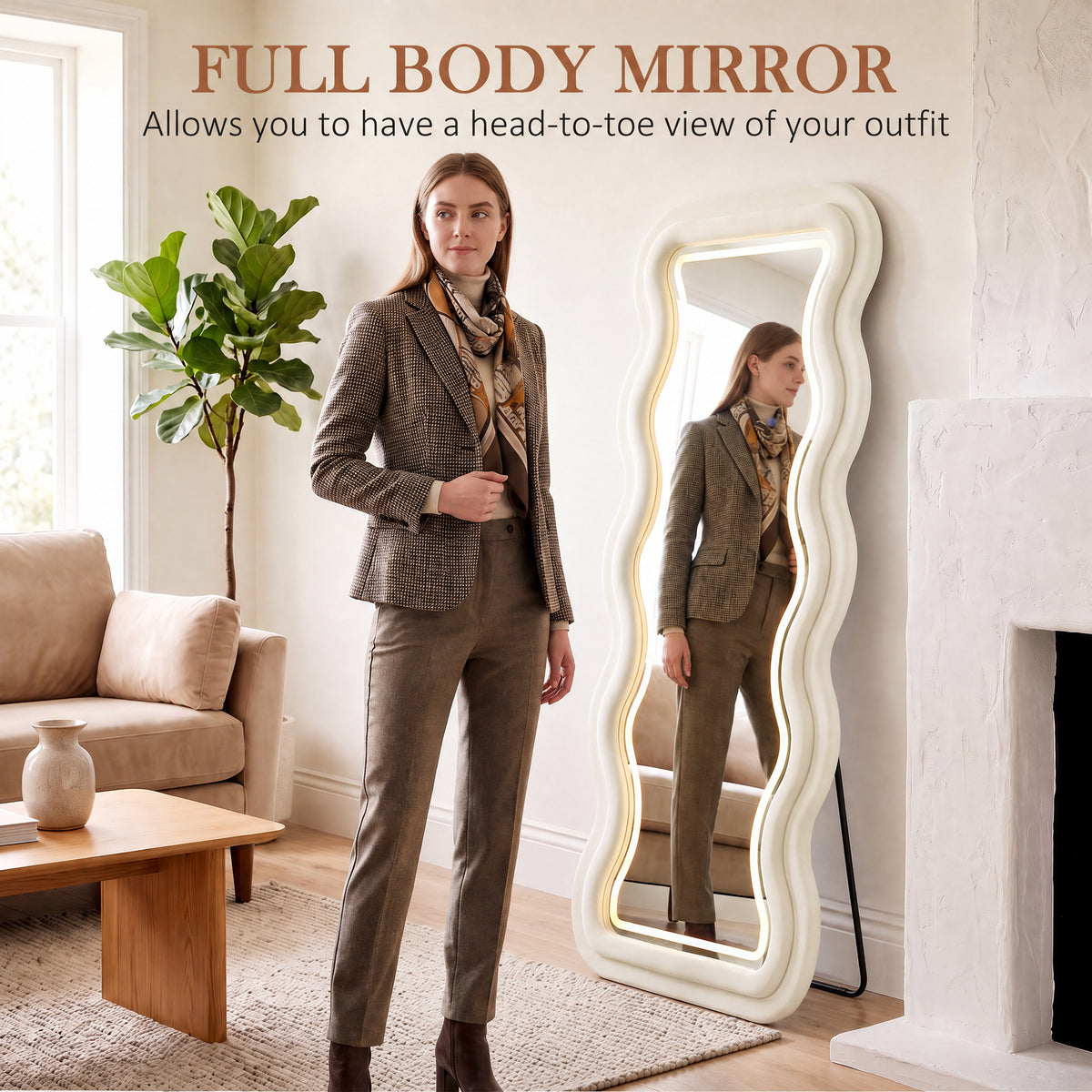 HOMCOM Full Length Mirror With Wavy Velvet Frame Led Light Strip Cream White