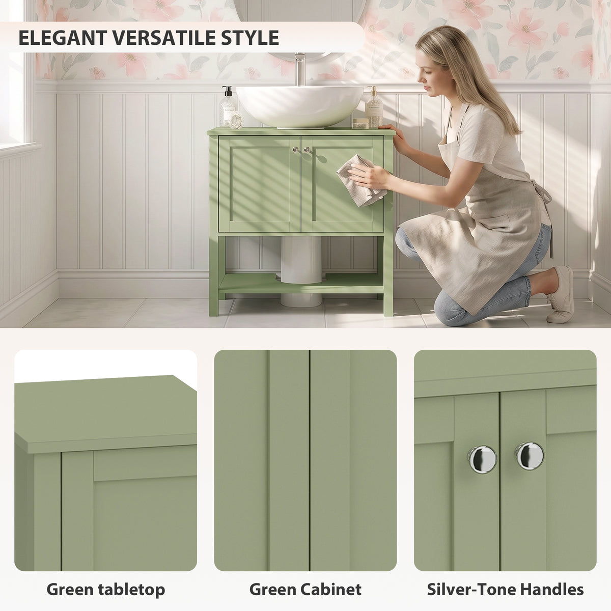 Green under-sink cabinet with two doors and silver-tone handles, showing front view.