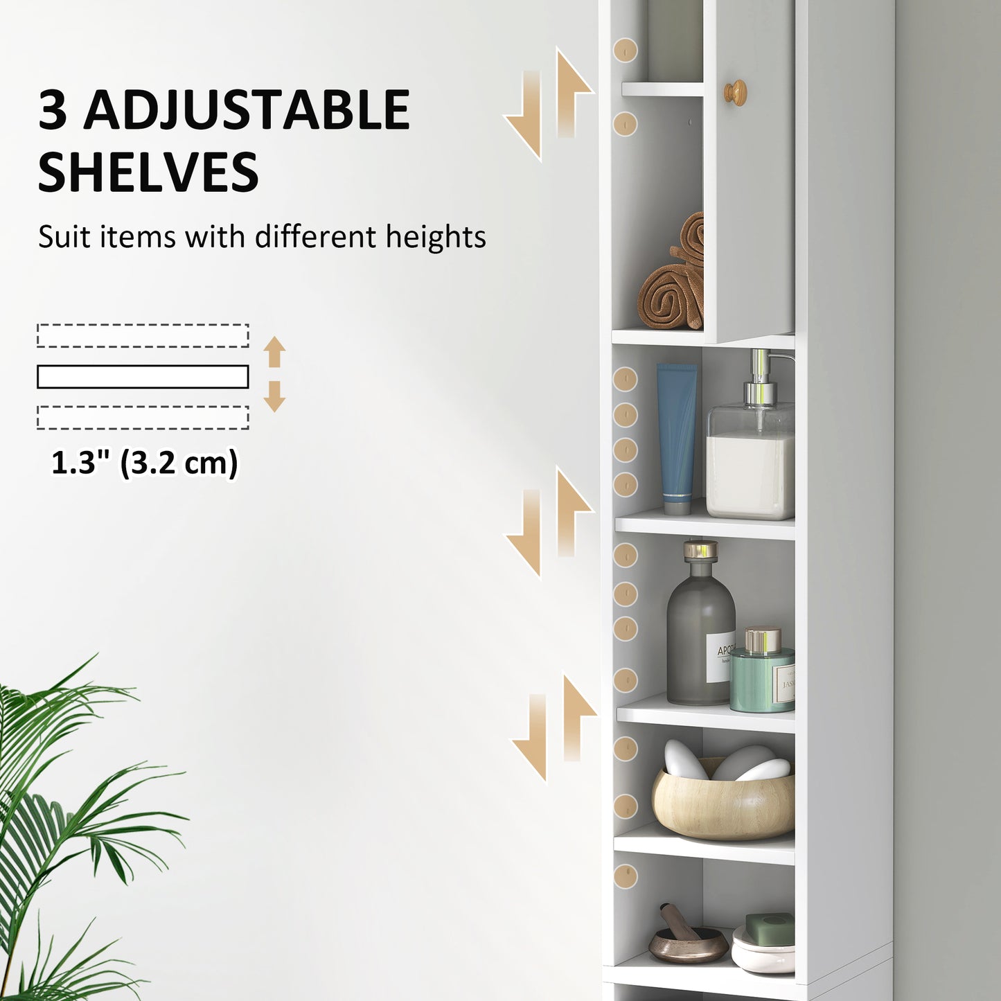 HOMCOM 178 cm Narrow Tall White Bathroom Cabinet With Two Closed Cabinets Four Open Compartments Adjustable Shelves
