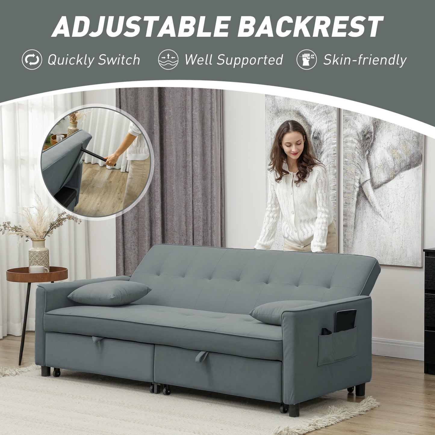 HOMCOM Luxurious Three Seater Velvet Feel Sofa Bed Grey With Click Clack Mechanism Wheels And Pull Handles