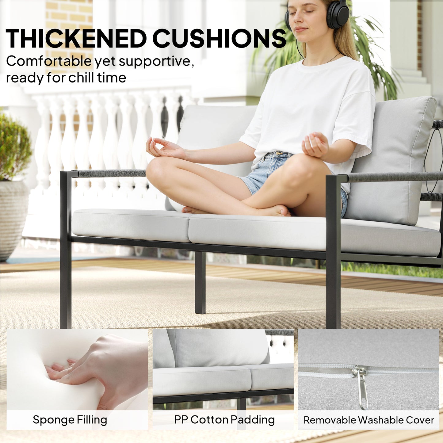 Outsunny 5 Piece Garden Furniture Set With Thickened Cushions Sofa Loveseat Armchairs And Coffee Tables Light Grey