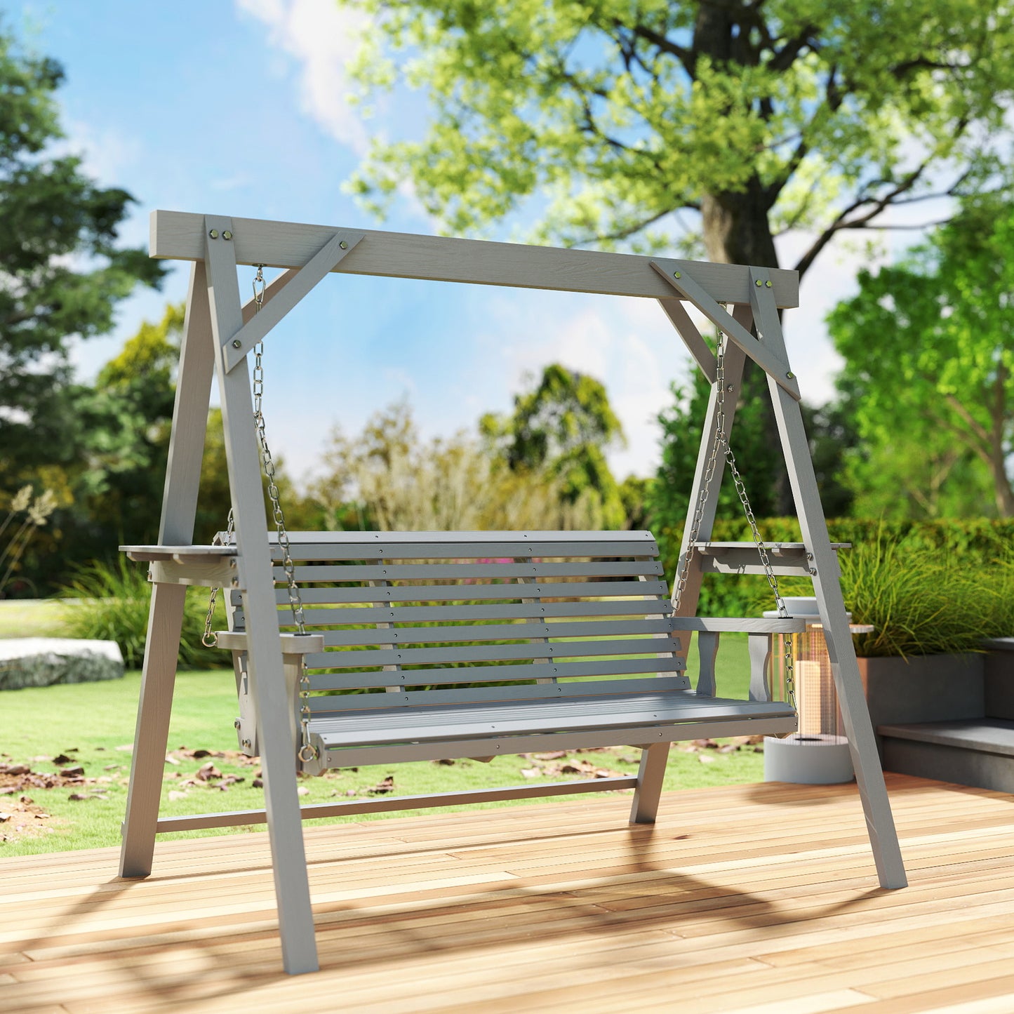Outsunny Three Seater Wooden Swing Bench With Side Tables Outdoor Garden Furniture In Dark Grey