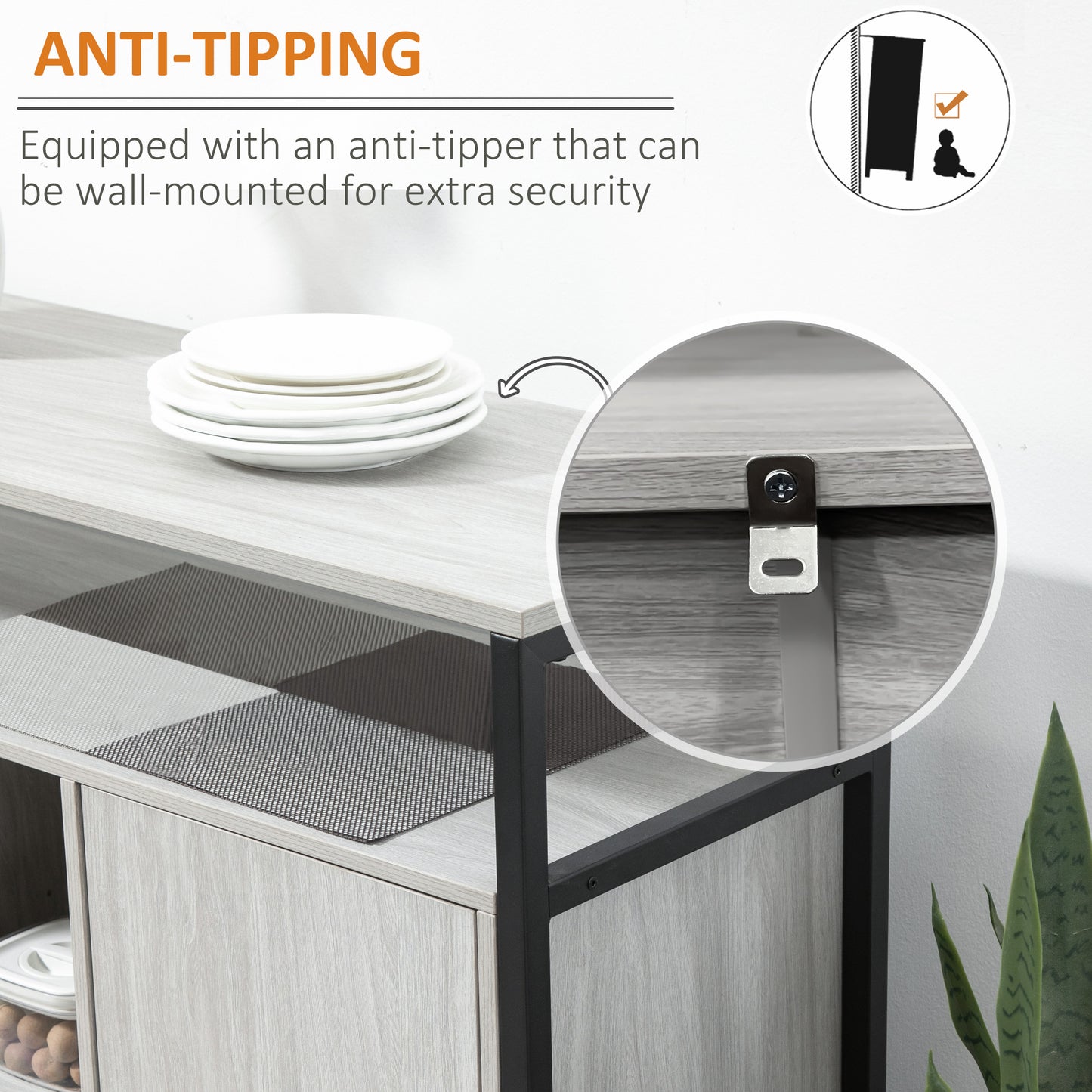 HOMCOM Modern Sideboard Steel Frame Storage Cabinet Two Doors Adjustable Shelves Living Room Hallway Light Grey
