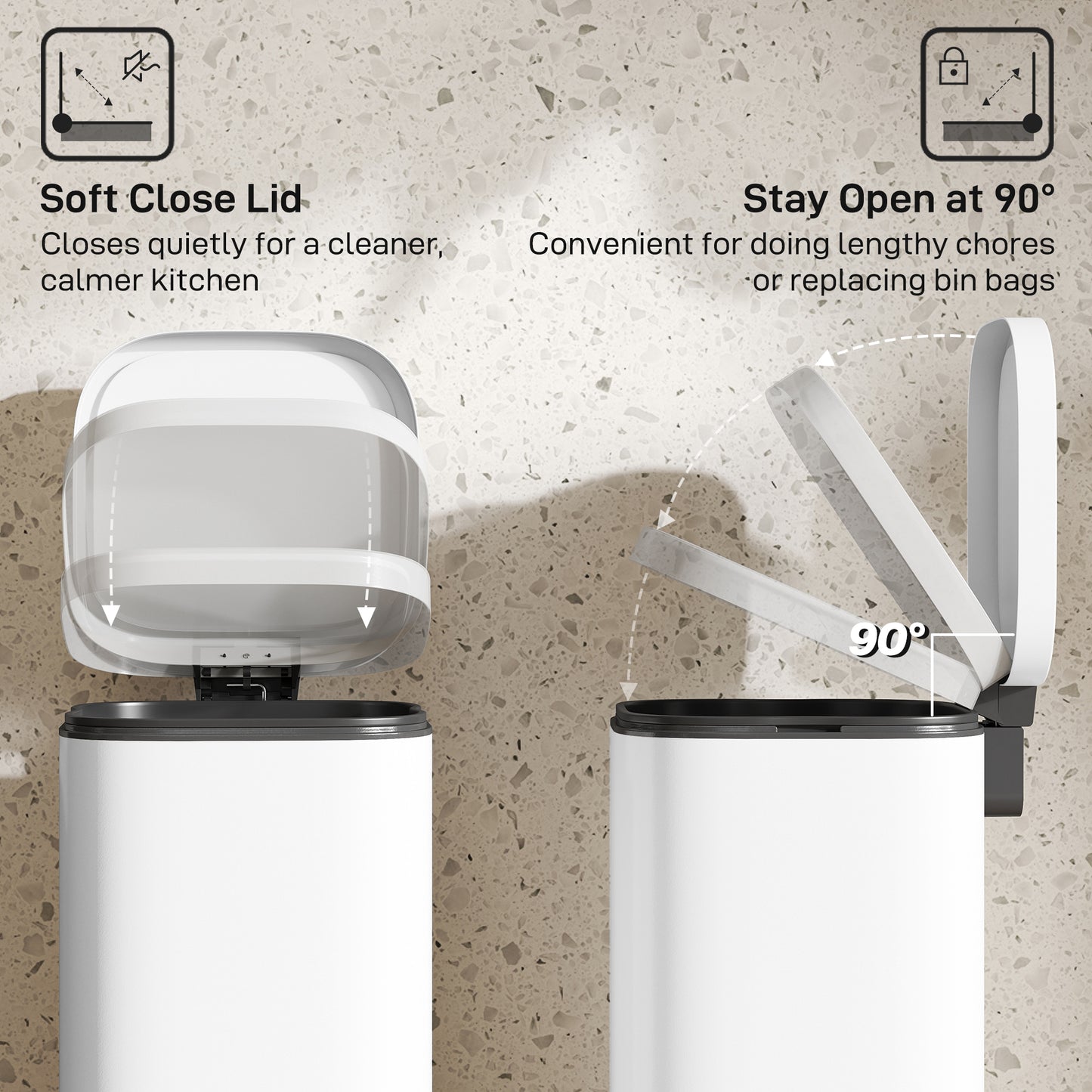 HOMCOM 30L Kitchen Bin Compact Pedal Bin With Soft Close And Stay Open Lid Removable Bucket For Kitchen Office White