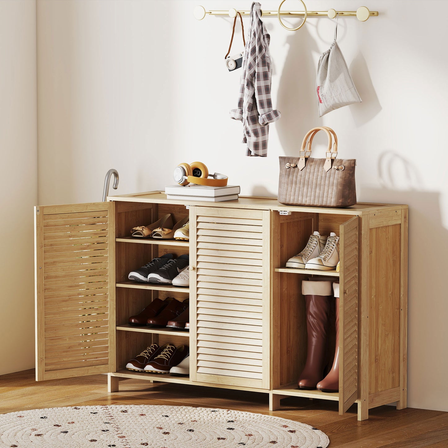 HOMCOM Bamboo Shoe Cabinet With Louvered Doors Natural Finish 18 Pair Shoe Storage With Adjustable Shelves For Hallway