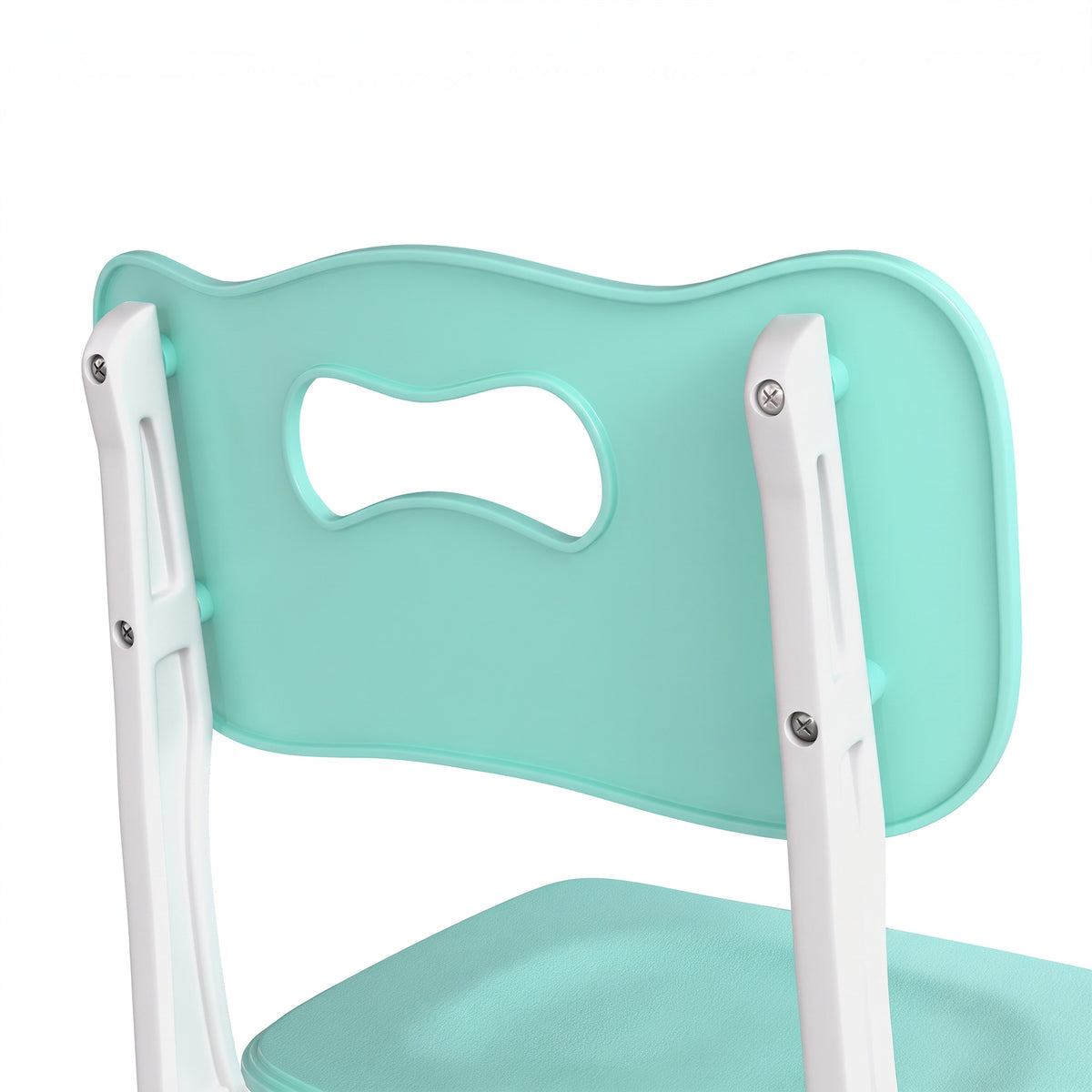 Mint green kids chair backrest with cutout handle and white side supports