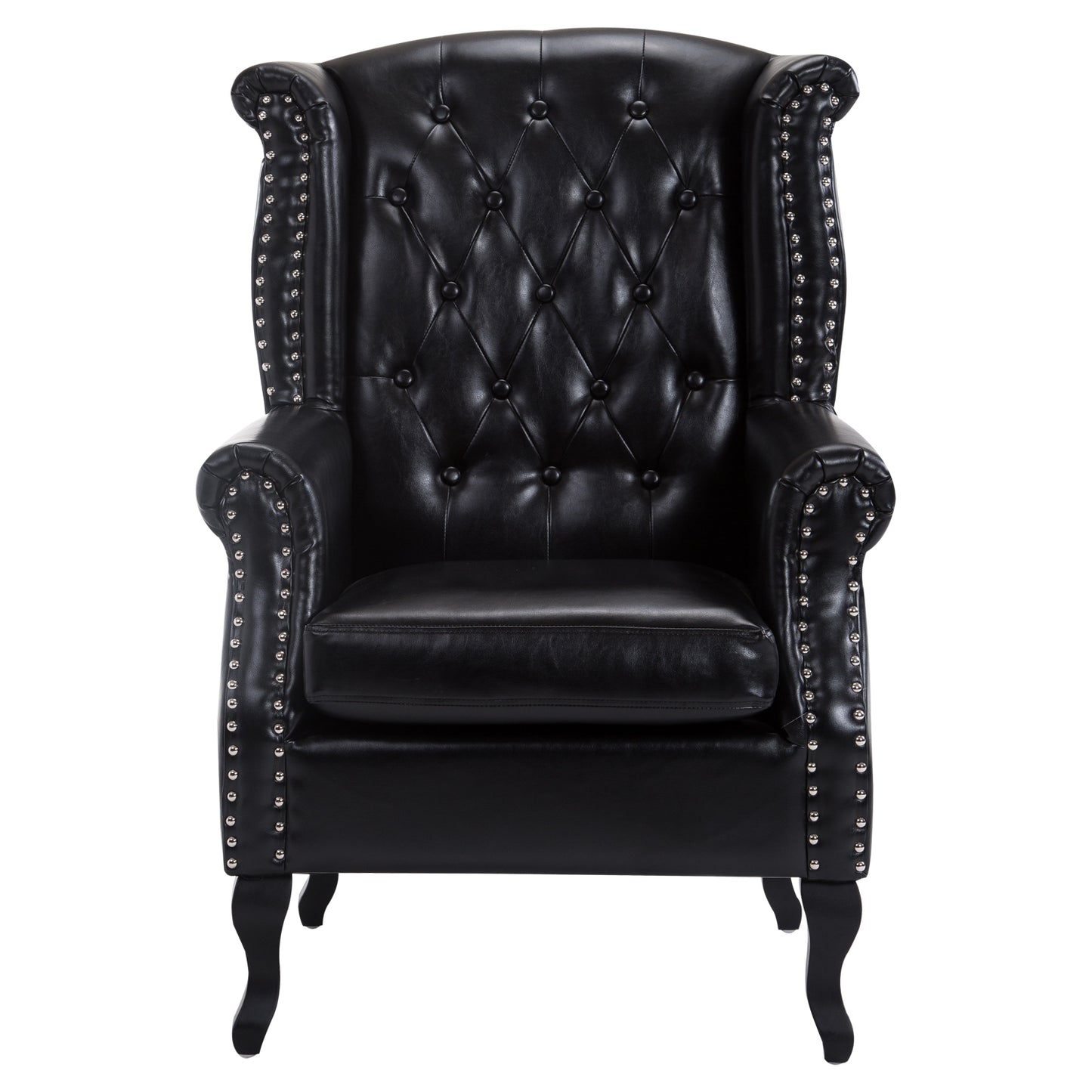 HOMCOM Chesterfield Style PU Leather High Back Armchair with Cushion - Elegant Antique Design (Black) - ALL4U RETAILER LTD