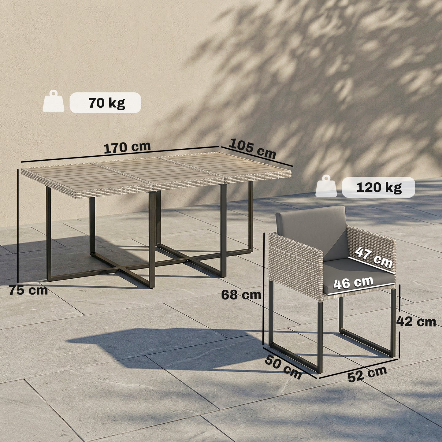 Outsunny 7 Piece Rattan Garden Furniture Set With Wood Plastic Table And 6 Stackable Chairs Light Grey