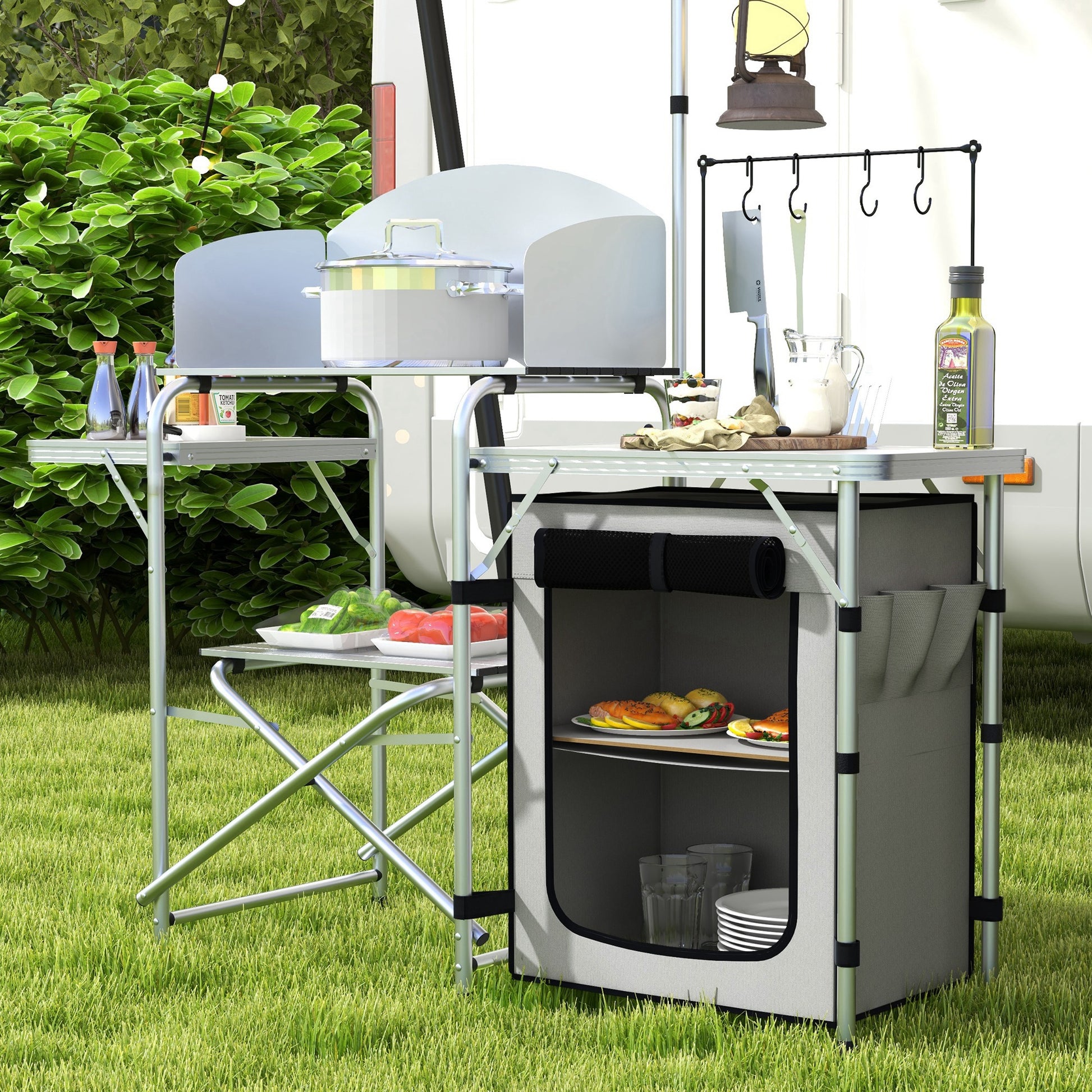 Outsunny All-in-One Portable Camping Kitchen with Aluminium Folding Table, Windshield & Light Stand - Includes Carry Bag - ALL4U RETAILER LTD