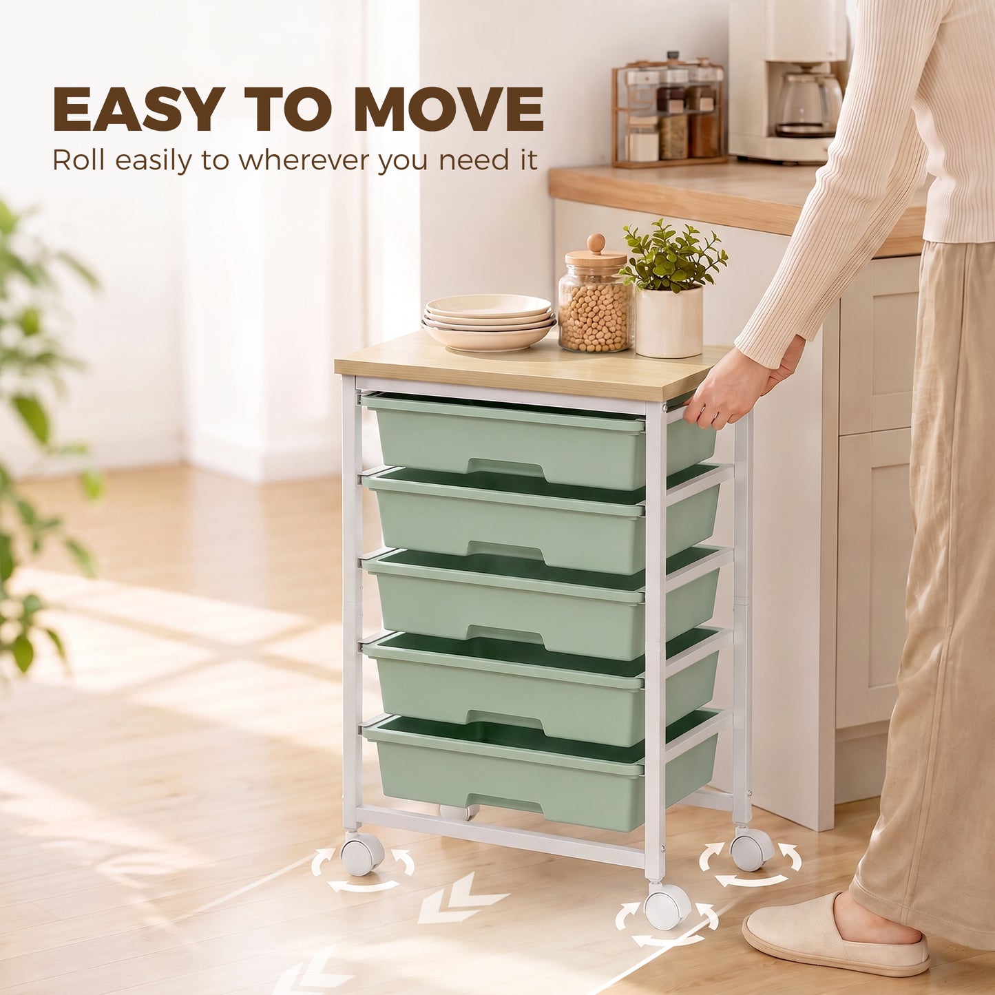 HOMCOM 6-Tier Kitchen Rolling Cart Green With 5 Drawers And Wheels