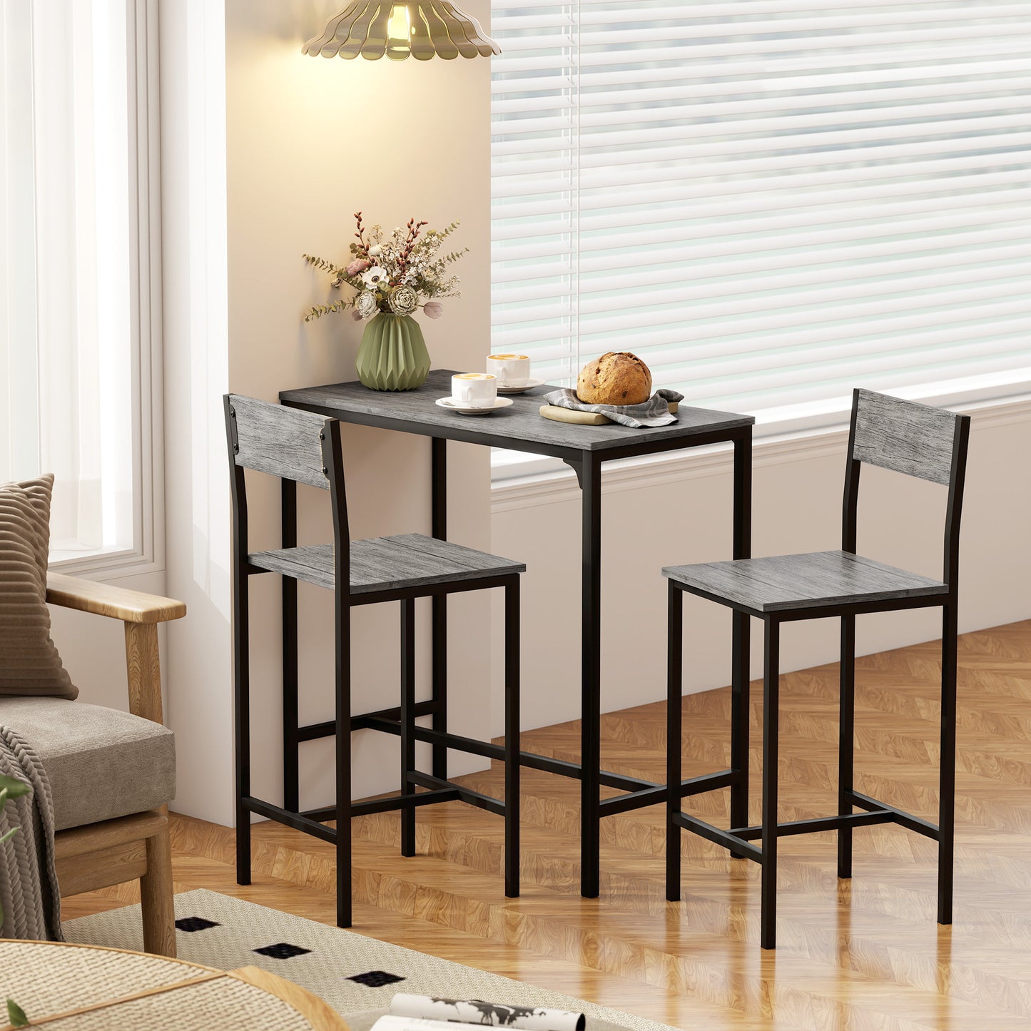HOMCOM 3 Piece Bar Table Set With 2 Stools Industrial Breakfast Bar Set With Footrests And Backrests For Dining Room