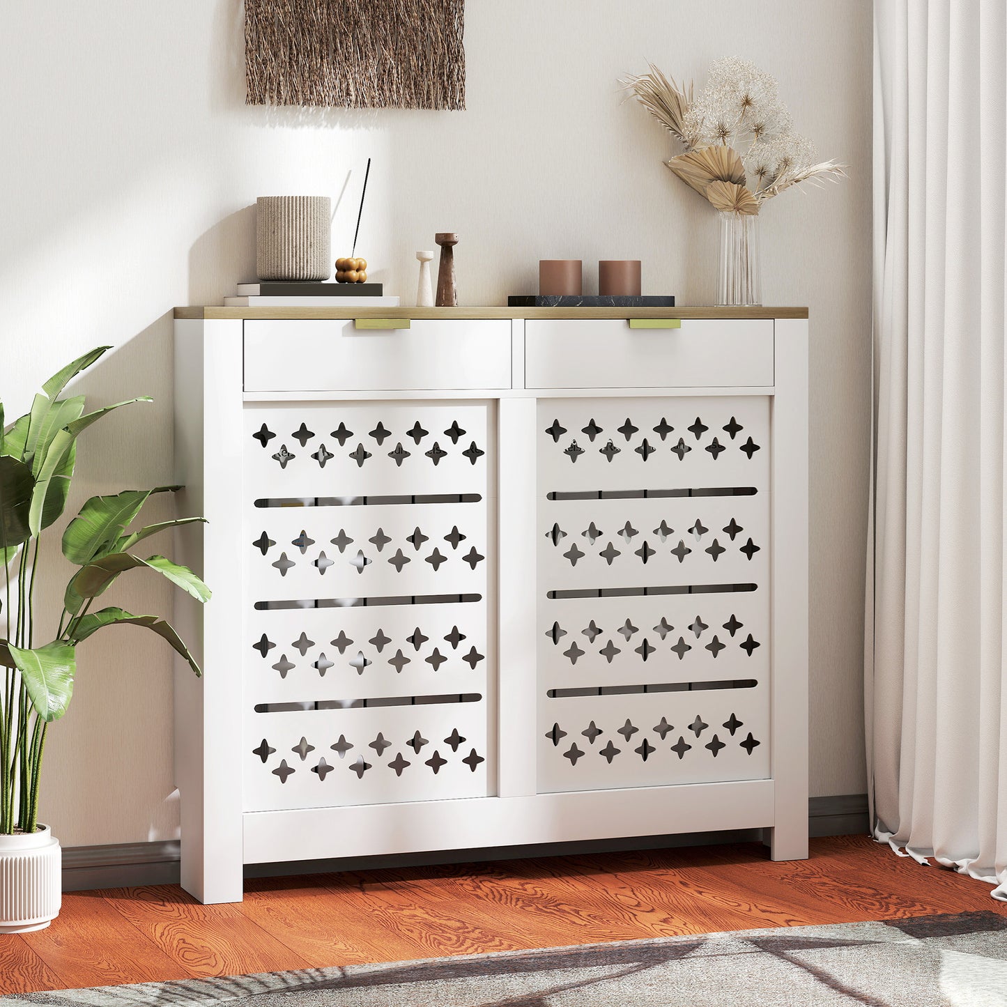 HOMCOM 108 X 19 cm Minimal Radiator Cover With 2 Drawers White Wood Effect Particle Board MDF Blend Safe Design