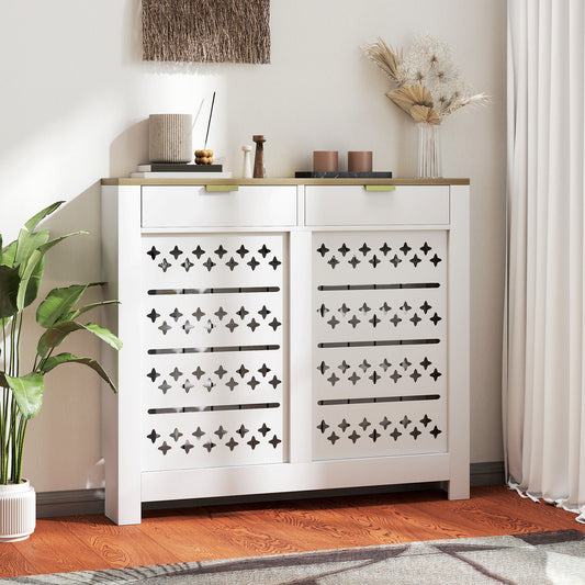 HOMCOM 108 X 19 cm Minimal Radiator Cover With 2 Drawers White Wood Effect Particle Board MDF Blend Safe Design