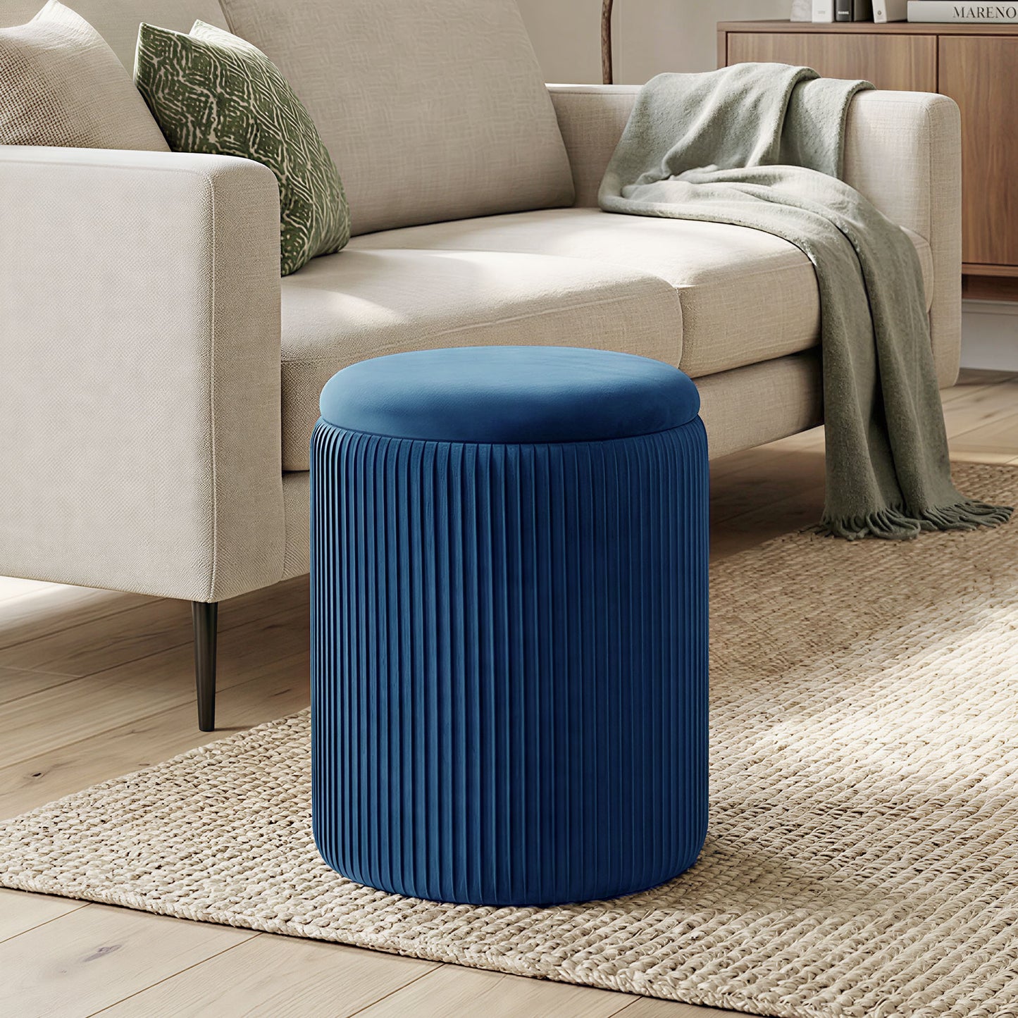 HOMCOM Velvet Round Storage Ottoman Footstool 45 cm Blue With Hidden 39.2 L Storage For Living Room Or Bedroom