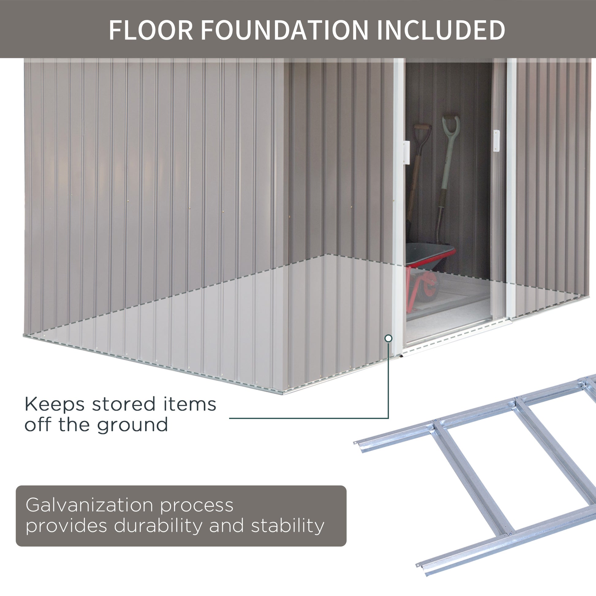 Outsunny 9x6 ft Durable Metal Garden Storage Shed with Sloped Roof, Double Doors, and Foundation - Grey - ALL4U RETAILER LTD