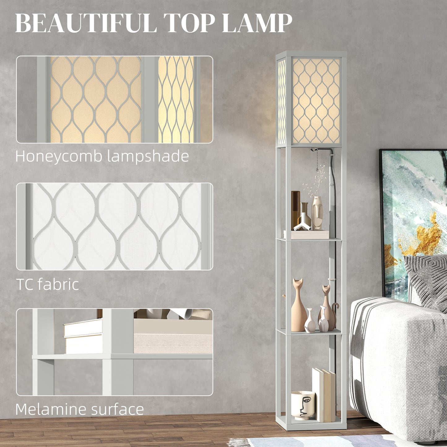 HOMCOM Three Shelf Standing Lamp Grey And White Finish With Integrated Shelves For Storage