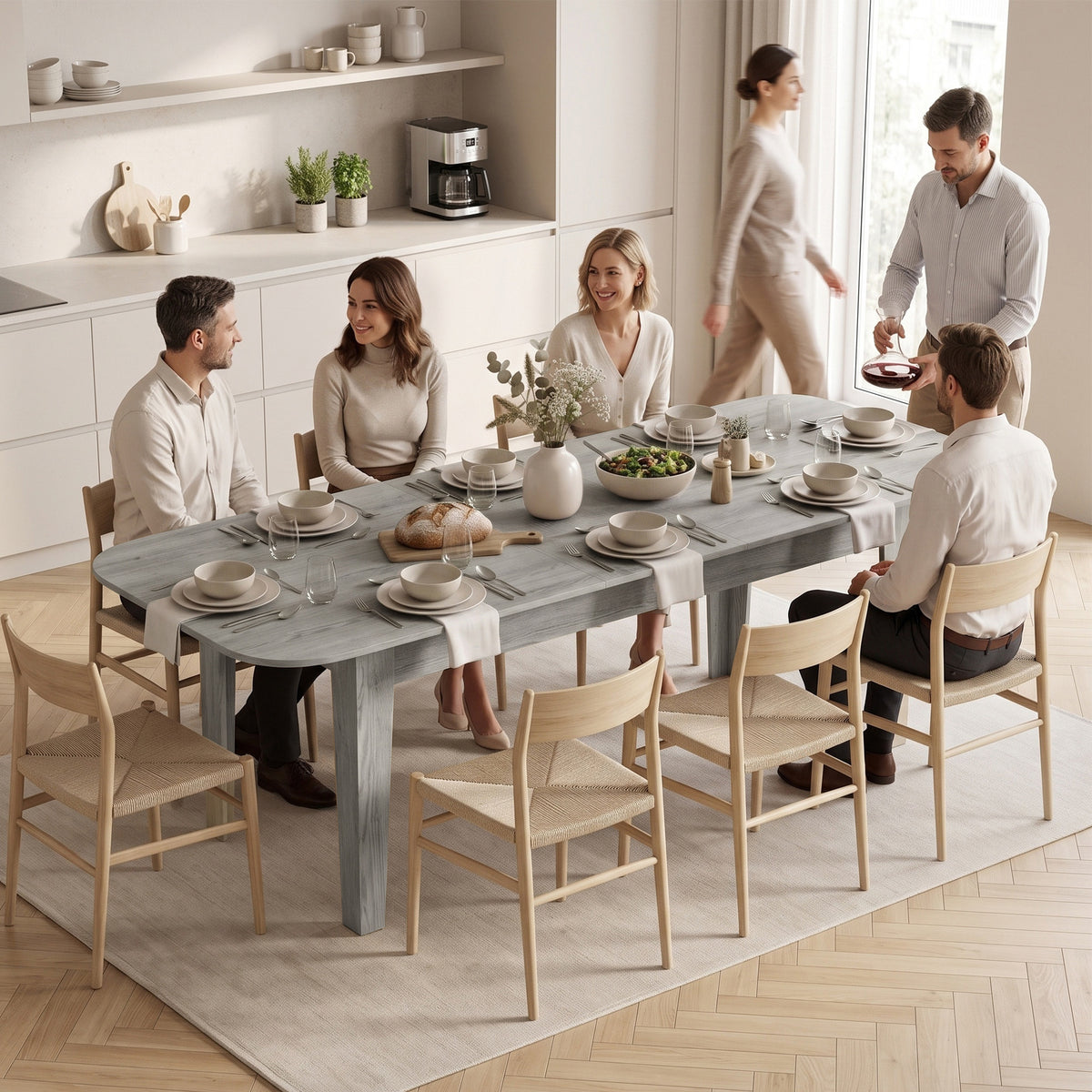 Grey wood-effect extendable oval dining table with rounded edges and full dining set.