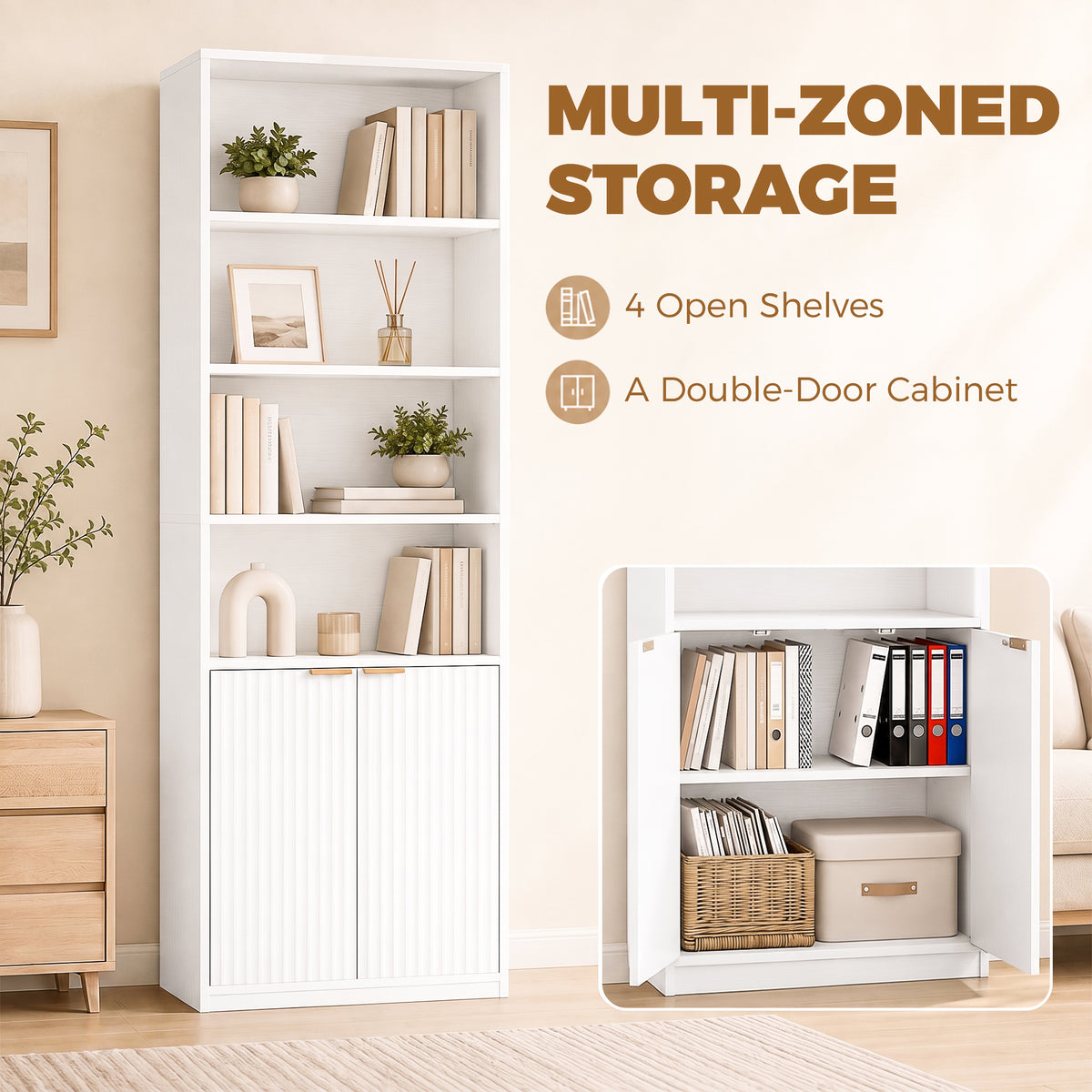 White tall bookcase with four open shelves and double-door cabinet, loaded with books.