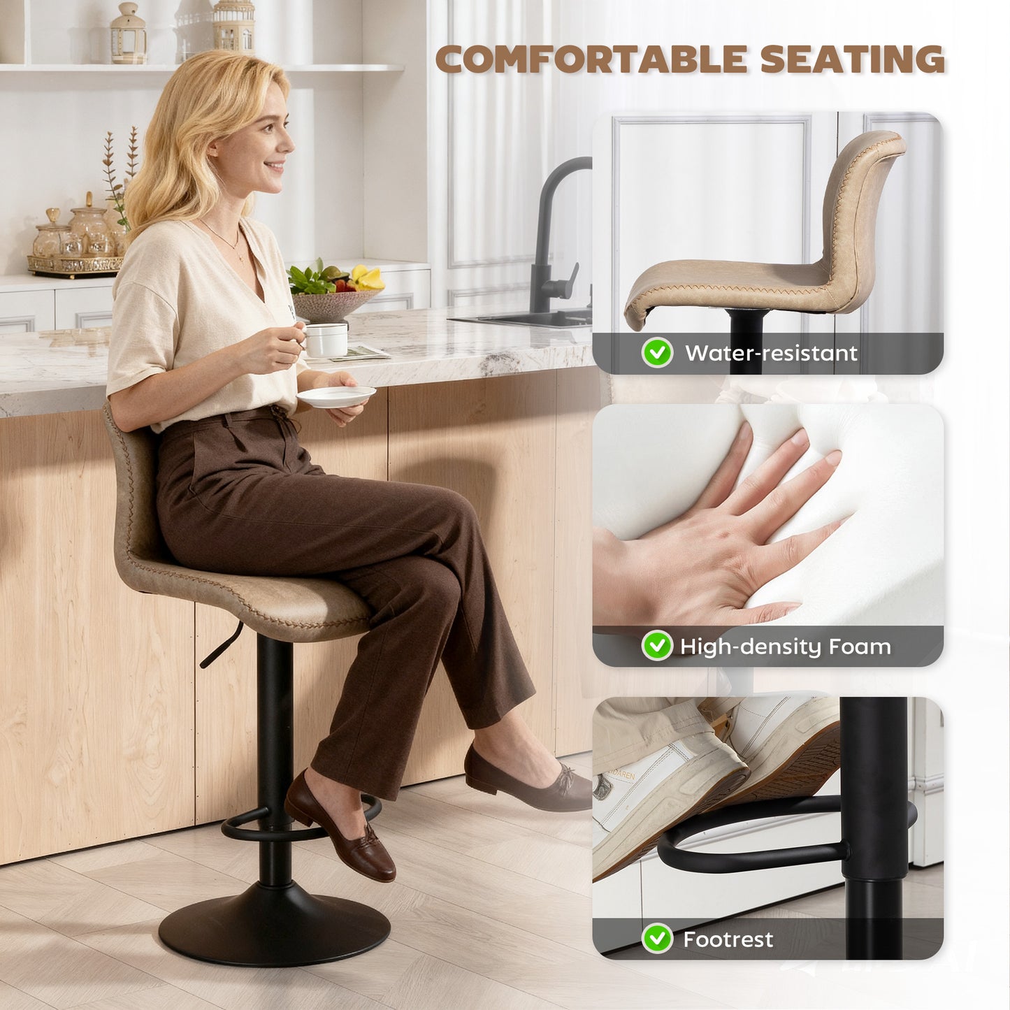 HOMCOM Bar Stools Set of 2 PU Leather With Backrest and Footrest Adjustable Height for Kitchen Counter Light Brown