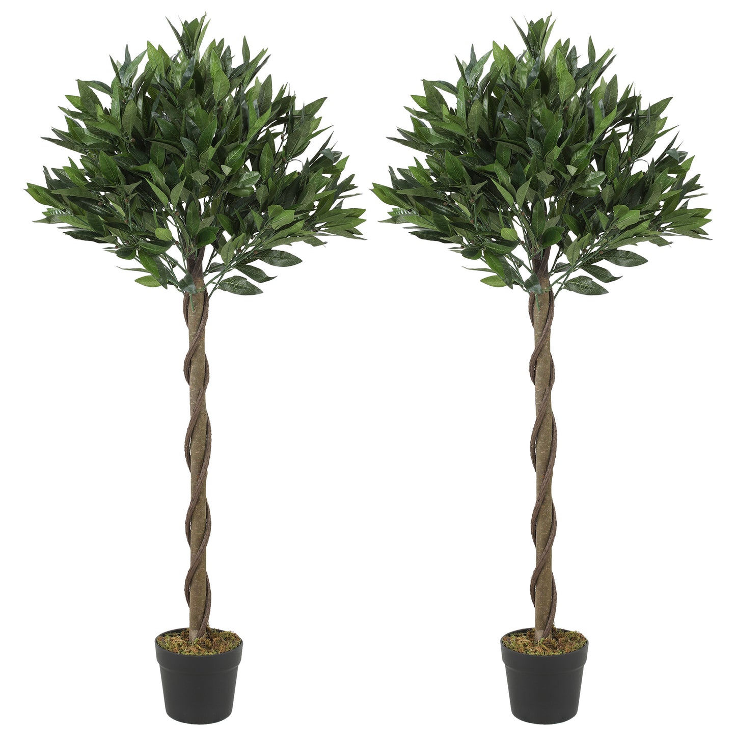 Outsunny Artificial Bay Laurel Topiary Trees Twisted Trunk Set 2 with Weighted Pots Topiary Balls Outdoor